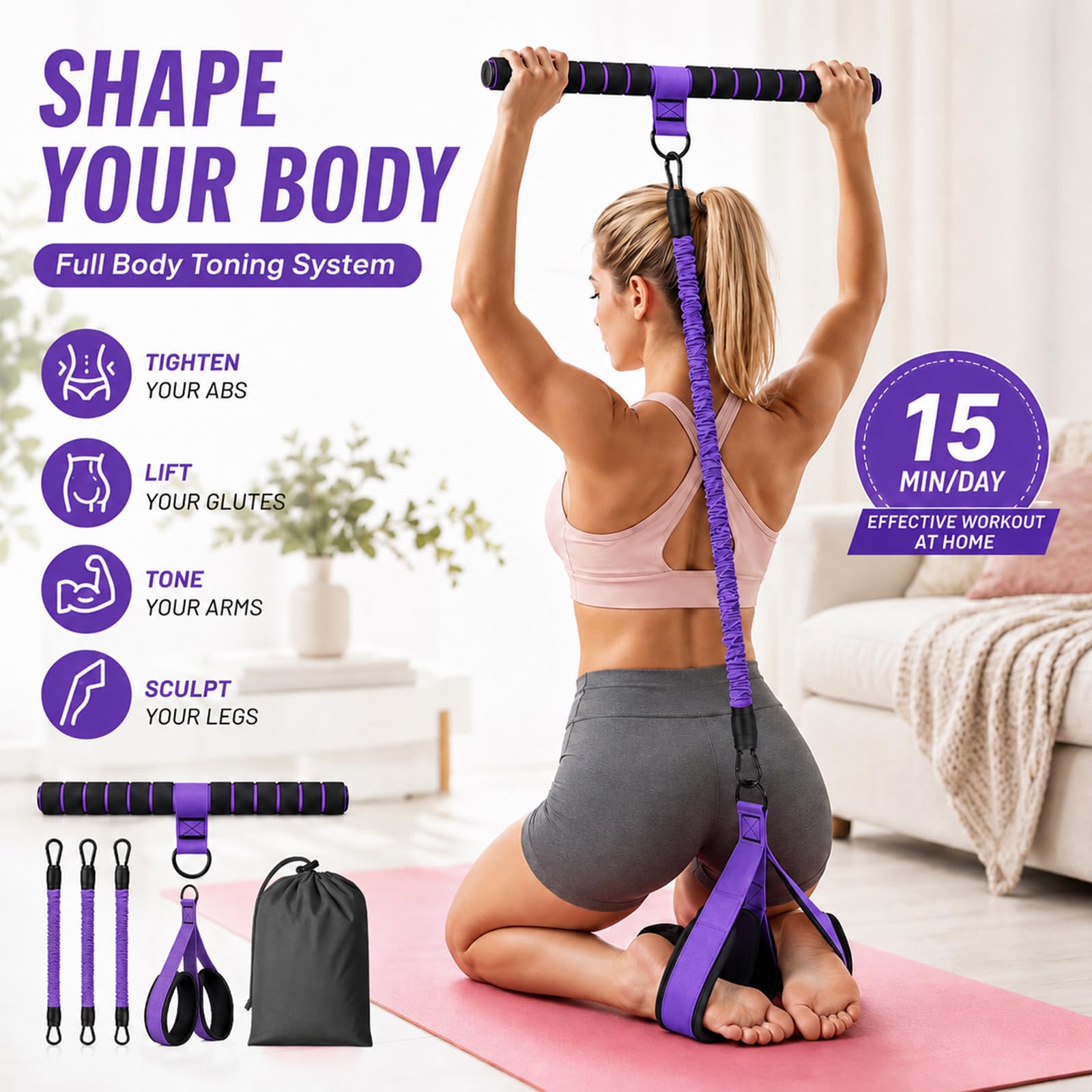 KASURE Banda de resistencia de pedal mejorada con asa, 3 tubos de resistencia ajustables de 30 libras para abdomen, extractor de pedal multifunción para entrenamiento de fuerza, terapia, equipo de