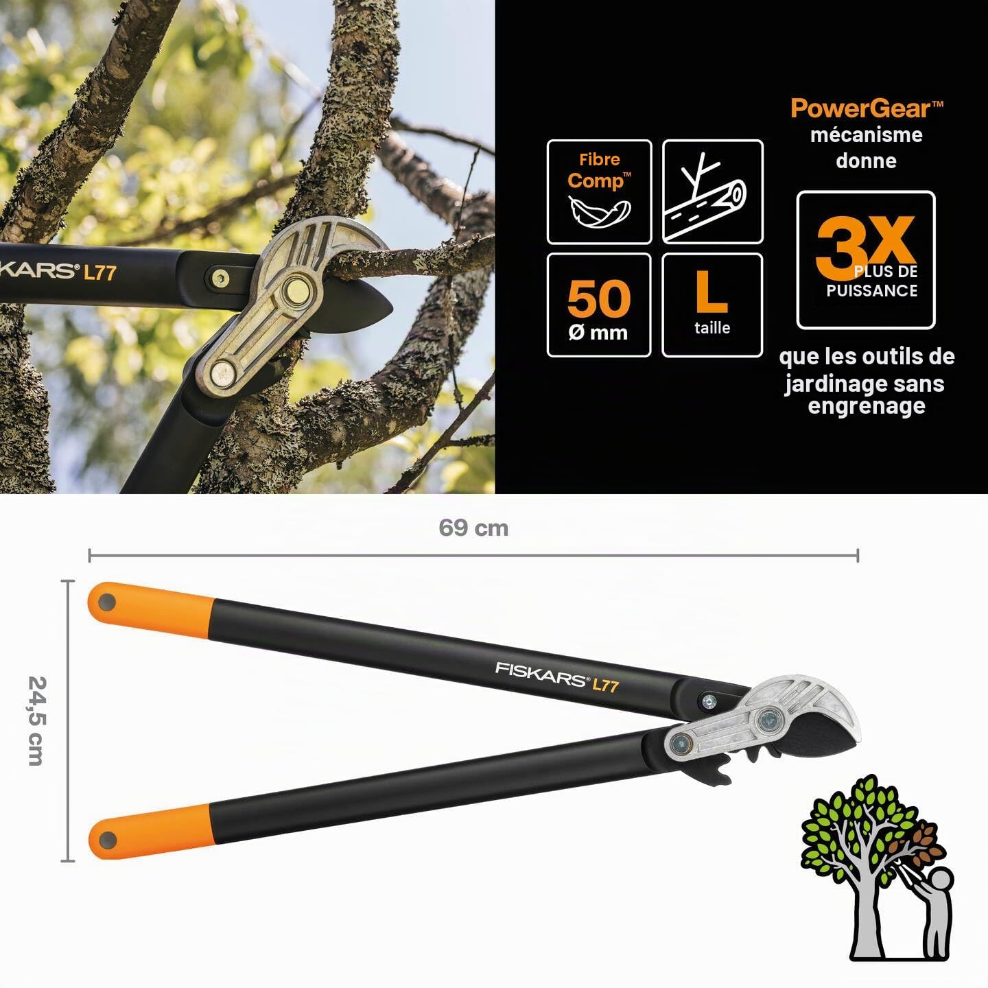 Fiskars Coupe-branches à enclume pour bois sec et dur, Système à crémaillère PowerGear II, Diamètre de coupe: 5 cm, Lames en acier trempé avec revêtement antiadhésif, Longueur: 69 cm, L77, 1000583