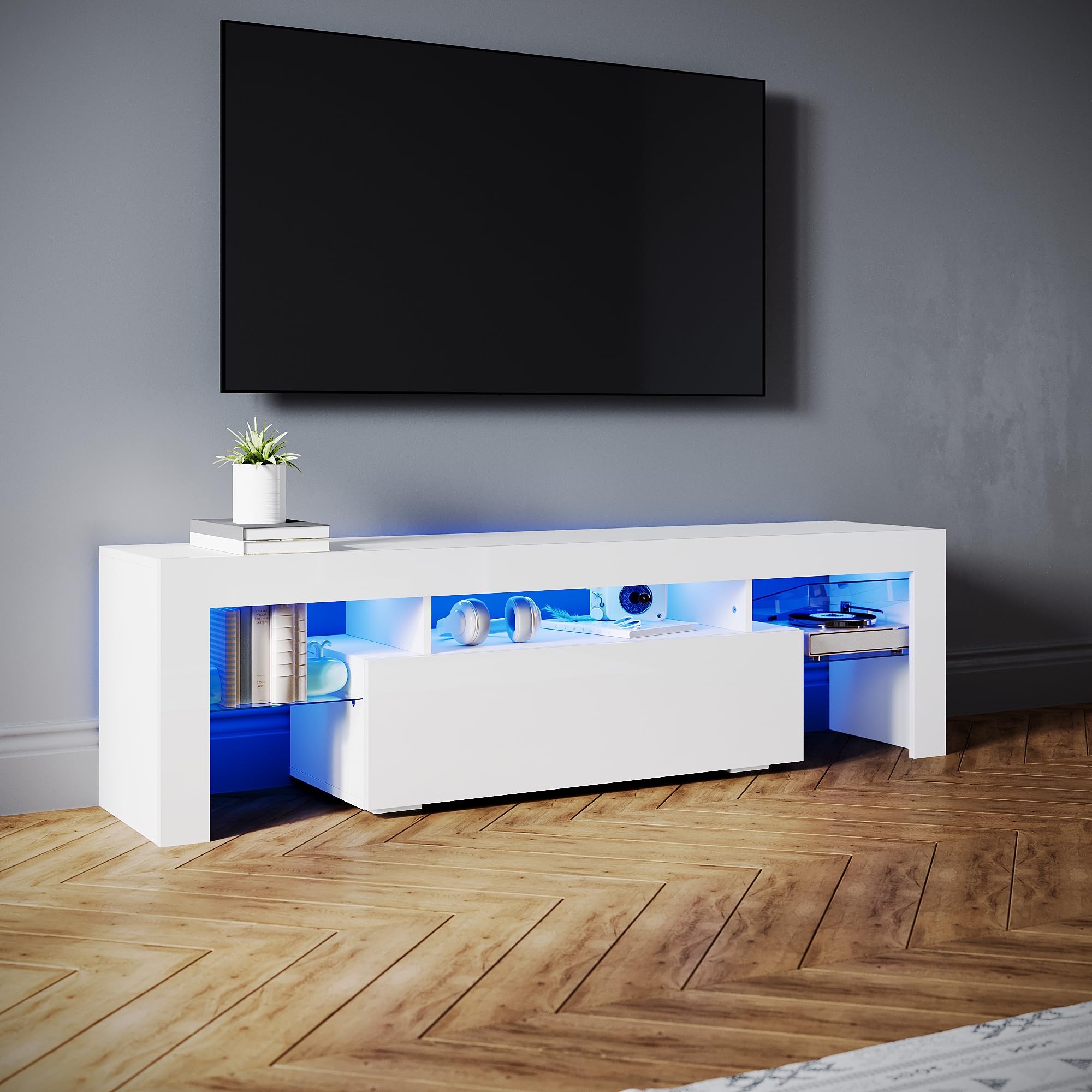 scaffale tv in bianco con luci led misura 160x35x45 cm