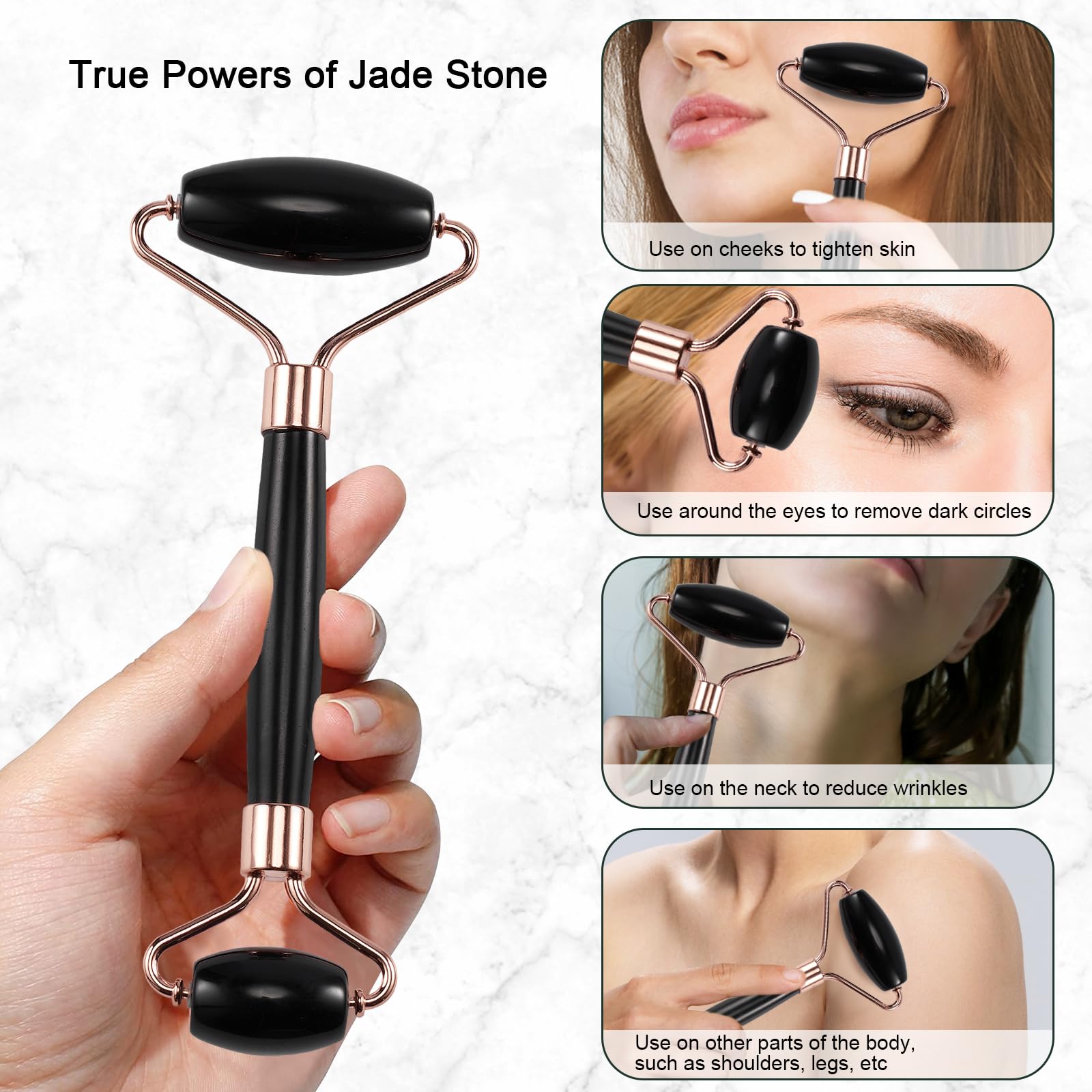 Rouleau de jade pour le visage, rouleau de massage facial pour le visage, le cou, les yeux, réduit les poches de la peau (noir)