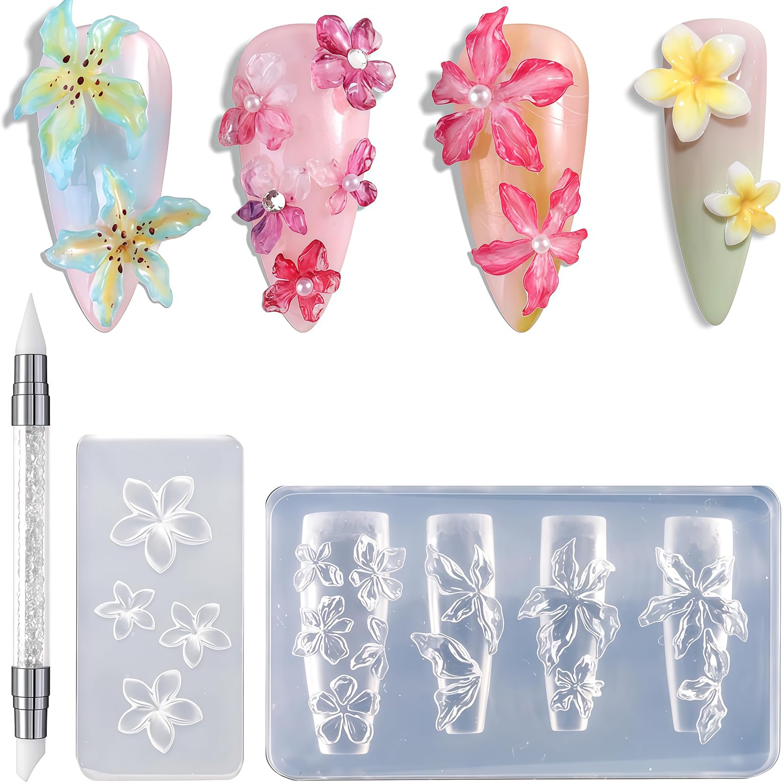 Silicona Molde Para Uñas 2 Piezas Reutilizables Transparente 3D Flores Arte De Uñas Plantillas