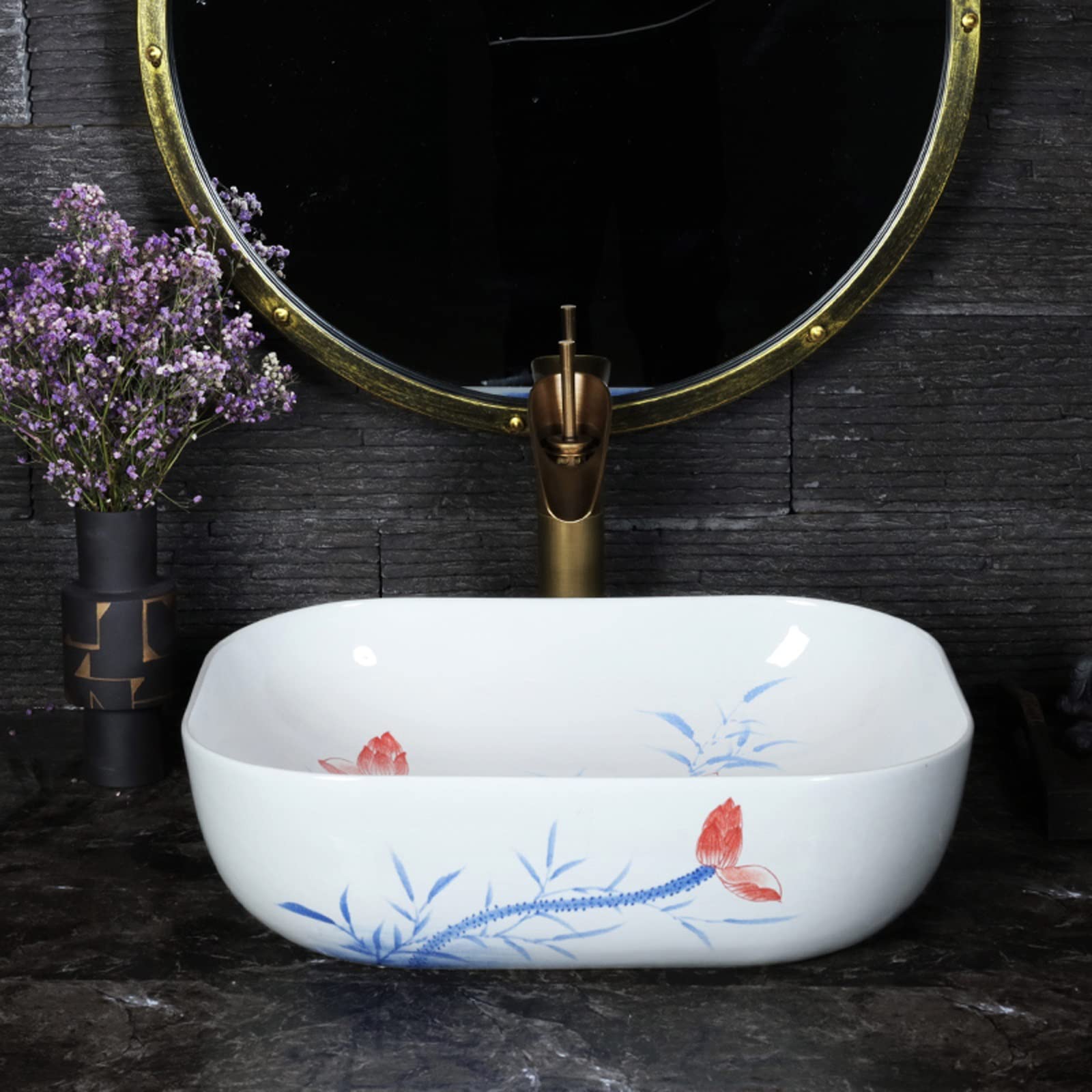 Umywalka Nablatowa Łazienkowa, Prostokątna, Porcelanowa, Ceramiczna, Umywalka Nablatowa, Umywalka Nablatowa, Biała, Umywalka Z Wzorem W Stylu Vintage, 17