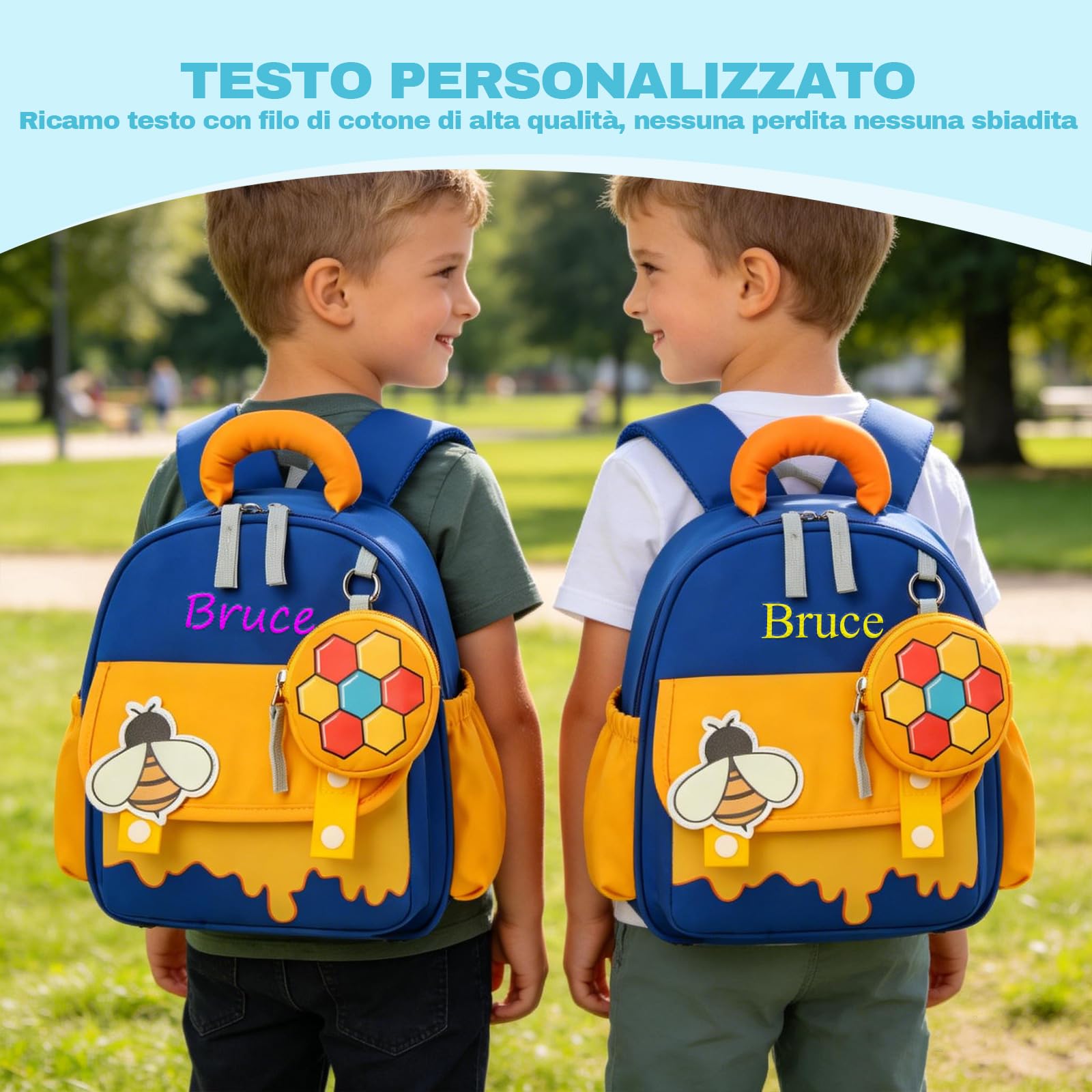 Generico Zaino personalizzato con nome ricamato per bambini, zaino asilo nido e materna, leggero e pratico per maschi e femmine, idea regalo originale per compleanno e rientro a scuola (Le api)