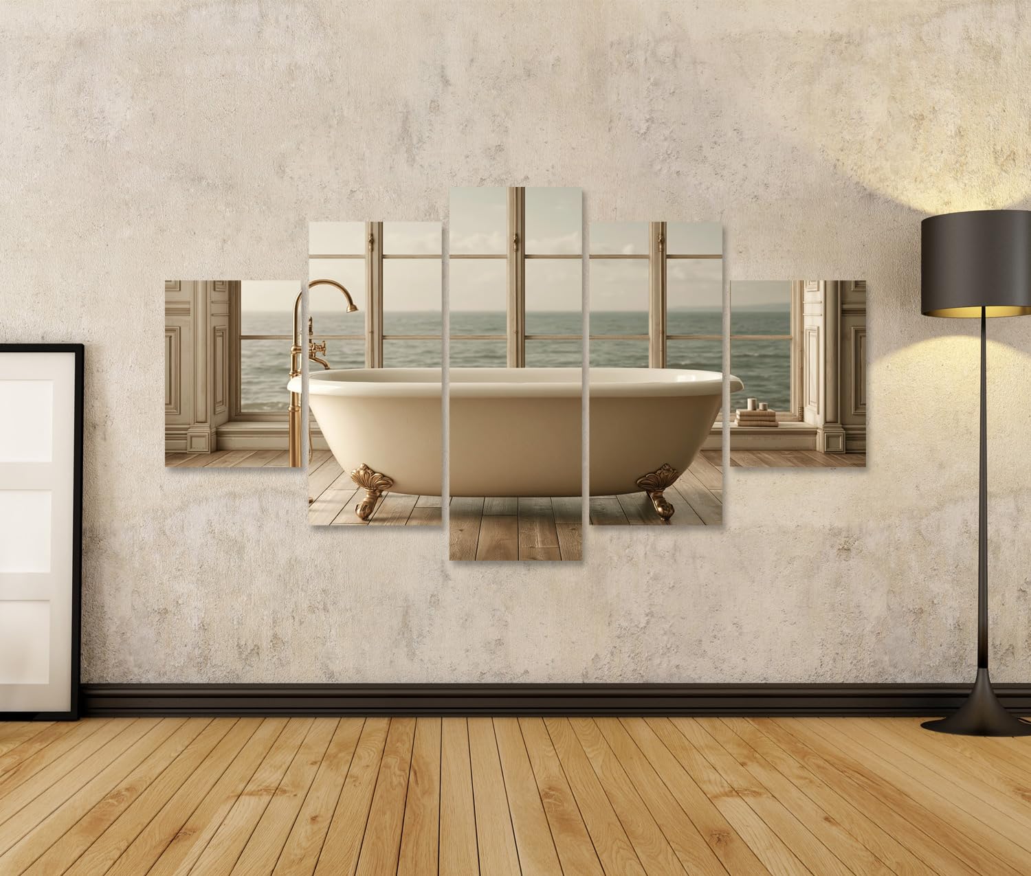 islandburner Cuadro sobre lienzo Bañera exclusiva con vista al mar mural baño para amantes de la relajación - 5 piezas