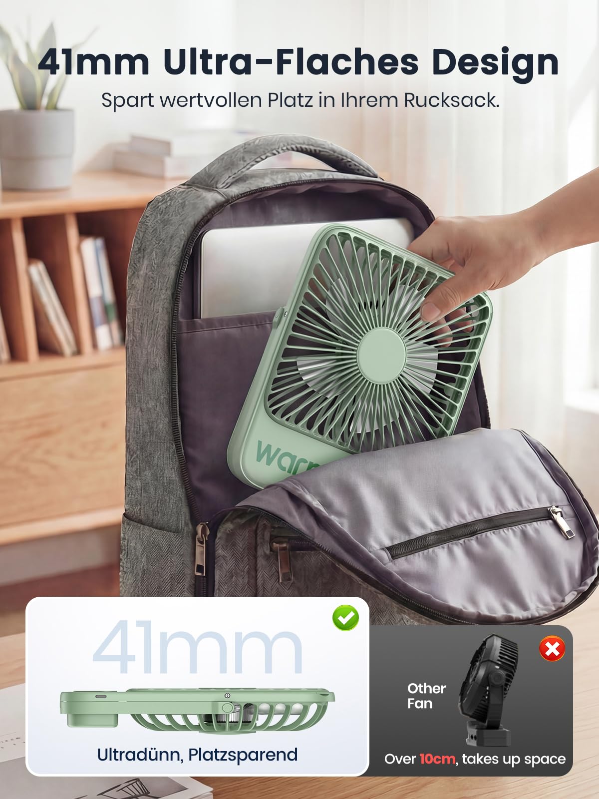 Warmco D3 Akku Ventilator 10000mAh, Tischventilator Leise, USB-C, LED-Anzeige, 4-Stufen Ventilator