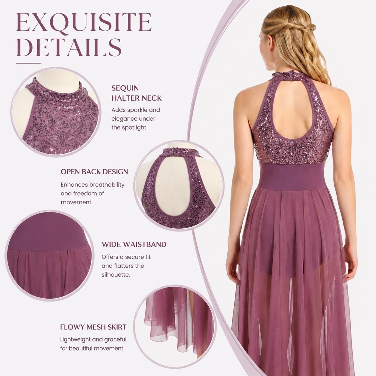 Sukienka do tańca lirycznego z cekinami i długą tiulową spódnicą, mauve