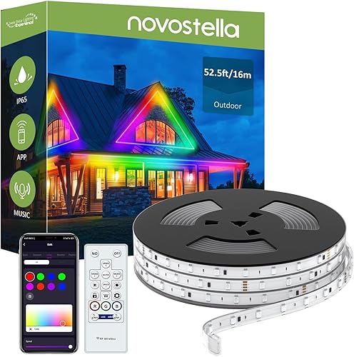 NOVOSTELLA Guirnalda de luces para exteriores, RainbowColor WiFi de 52.5 pies, inteligente RGB IC sincronización de música, tira de luz LED, cinta