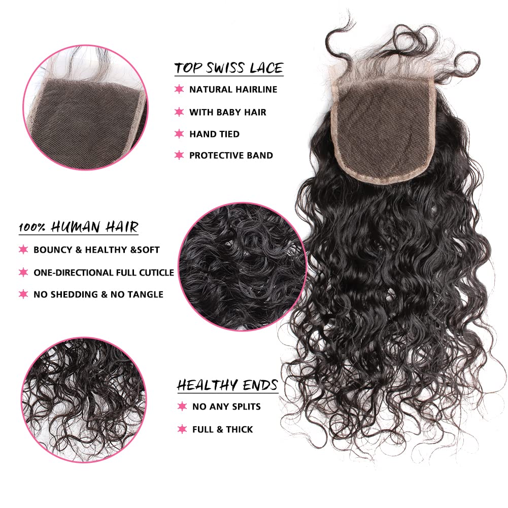 Natural Wave 16inches 4 * 4 Lace Closure Human Hair Free Part 100% Unprocessed Brazilian Virgin Hair Closure with Baby Hair Bleached Knot Natural Color