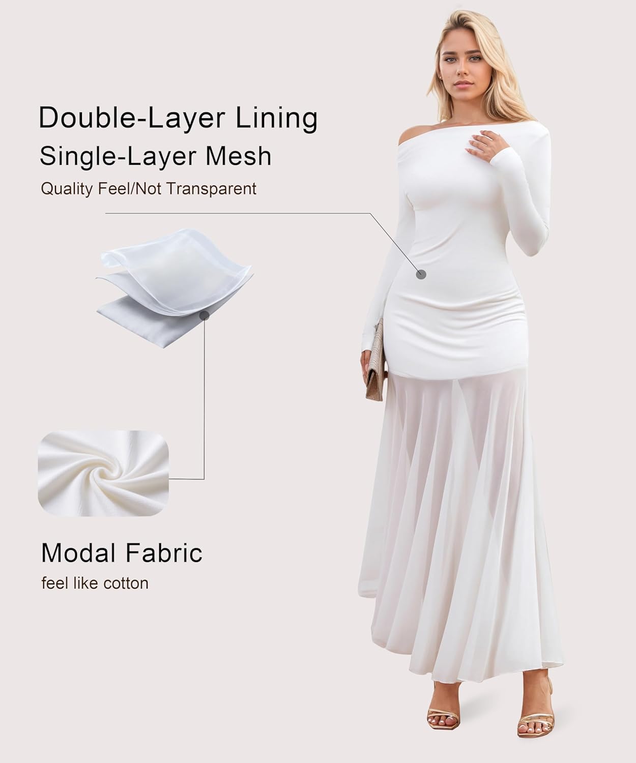 Mesh Long Sleeve Off Shoulder Bodycon Maxi Dress for Women Modal Elegant Cocktail Party Outfits Dress - Image 4