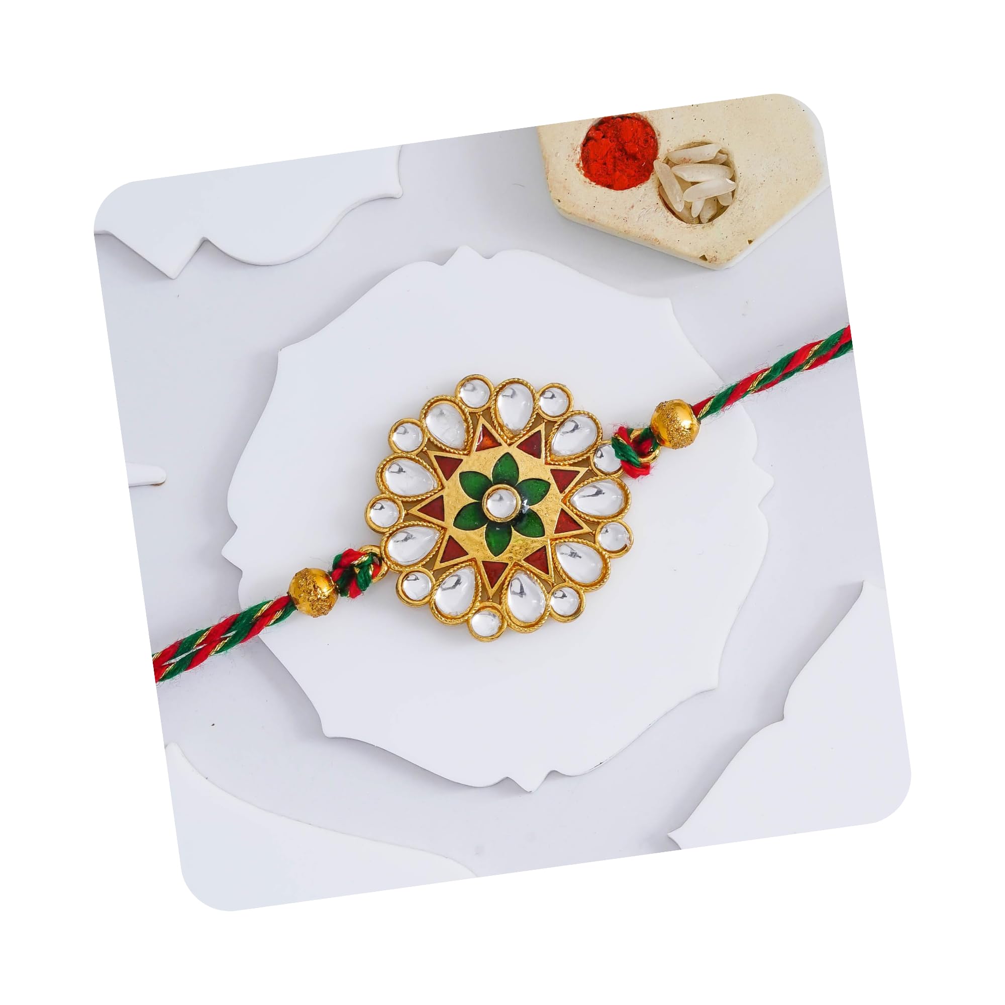 eCraftIndia Multicolor Beautiful Floral Designer Kundan Rakhi with Roli Chawal Pack - Rakhi for Brother, Bhaiya, Bhai-image-12