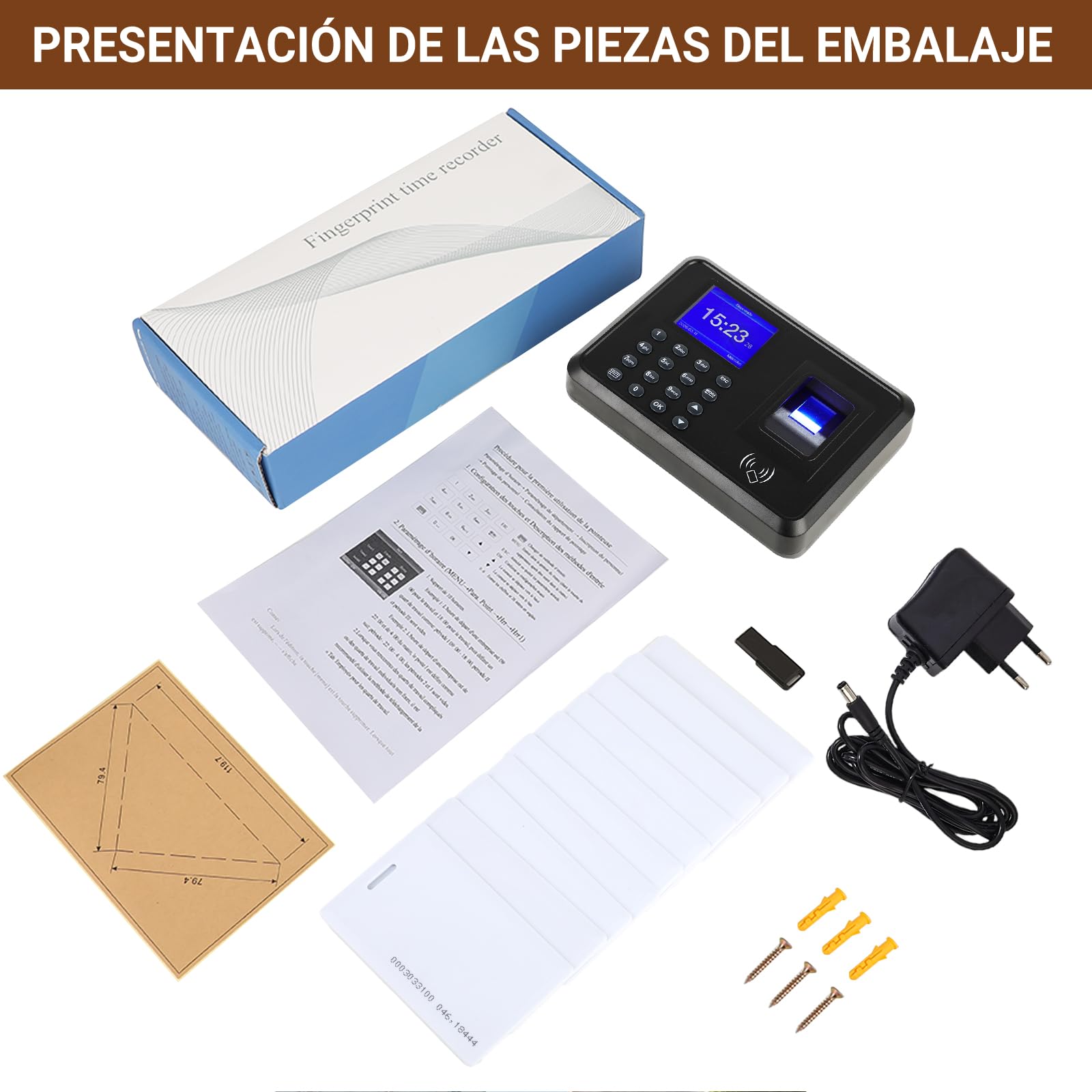 Reloj de Fichar Biométrico 3 en 1 – Control Horario con Huella Dactilar, Tarjeta RFID y Código PIN – Máquina de Asistencia para Pequeñas Empresas, Sin Internet, 10 Tarjetas Incluidas, Español
