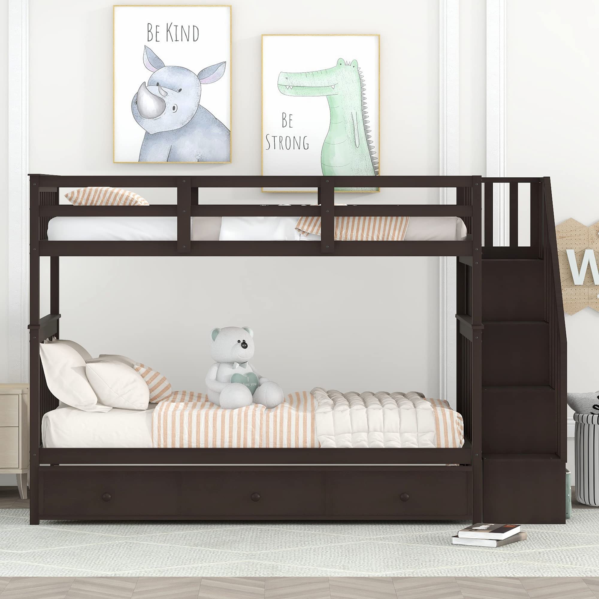 CITYLIGHT Bunk Bed Twin Over Twin with Stairs, Bunk Beds with Storage Drawers and Open Shelves, Wooden Twin Bunk Bed for Kids, Teens,Adults (Espresso,Twin Over Twin)- INCOMPLETE, BOX 1 Of 3, STAIRS ONLY