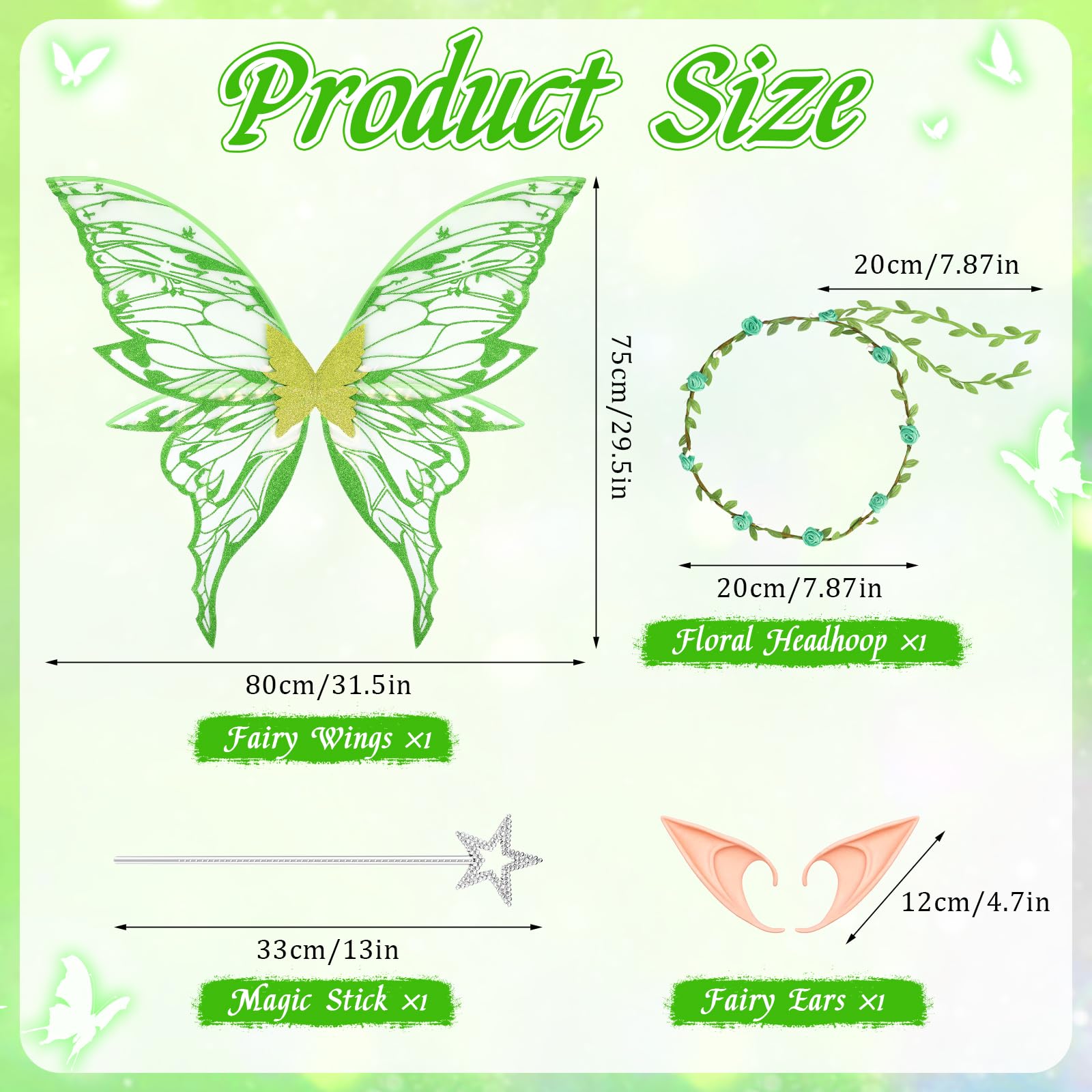 UxClishe 4pcs Fairy Wings Adult Costume Set, Fairy Accessories Fancy Dress with Sparkling Butterfly Wings Floral Headband - Image 2