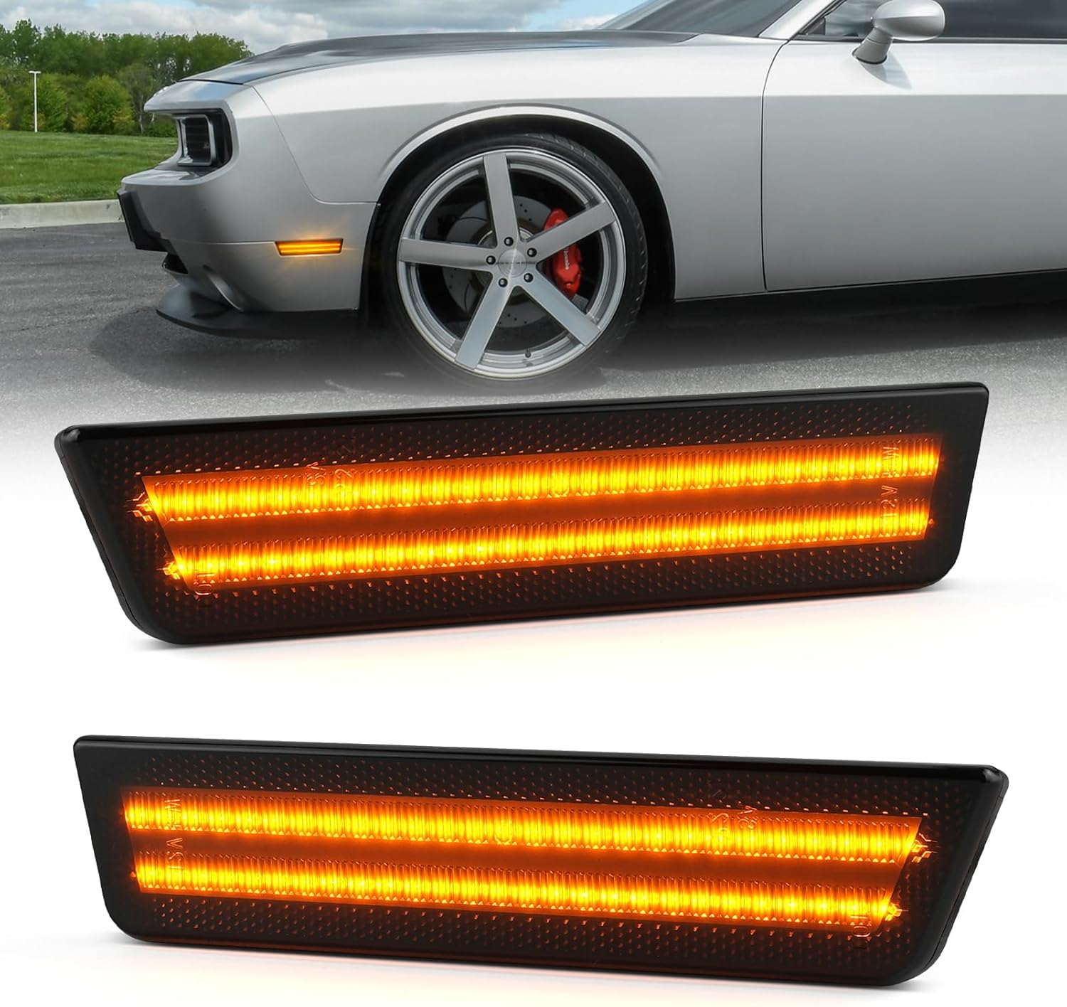 litzland Front LED Side Marker Light Compatible with Dodge Challenger 2008-2014 Charger 2011-2014 Smoked Lens Driver and Passenger Fender Bumper Lamps