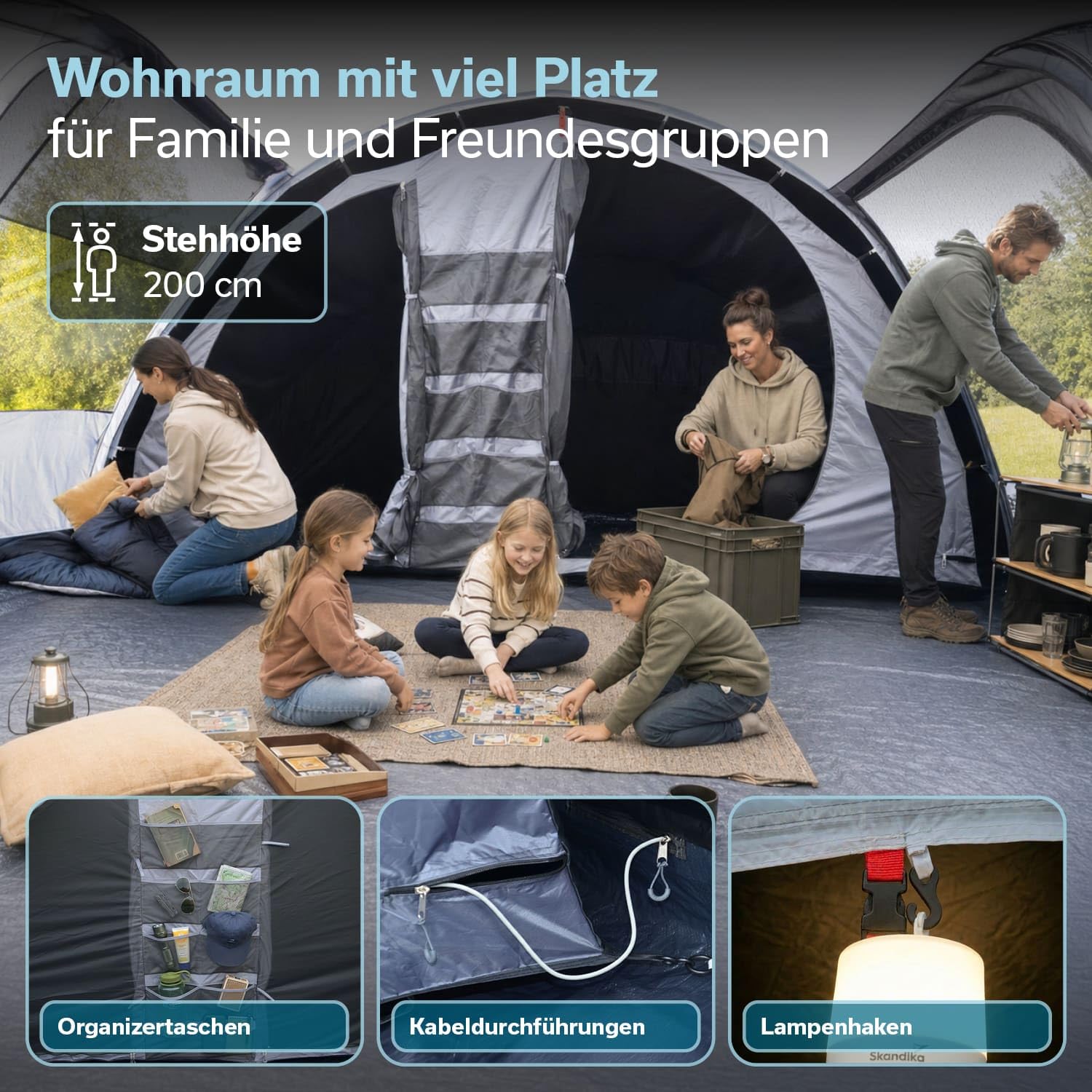 Skandika Tunnelzelt Falkenberg für 6 Personen | Großes Familienzelt, eingenähter Zeltboden, 2 m Stehhöhe, wasserdicht, 4.000 mm Wassersäule, Moskitonetze, teilbare Schlafkabine | Outdoor Camping Zelt