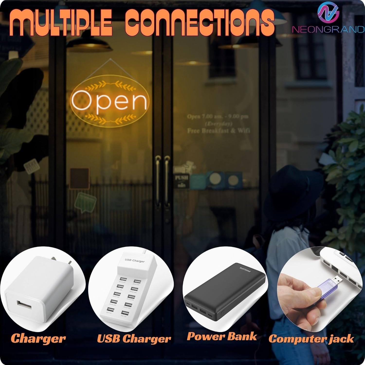 LED Open Sign for business – Led Neon Light with Hanging Kit and Plug for Shop, Window, or Business Use (Orange Yellow, 16.5x10.5'') - Image 7