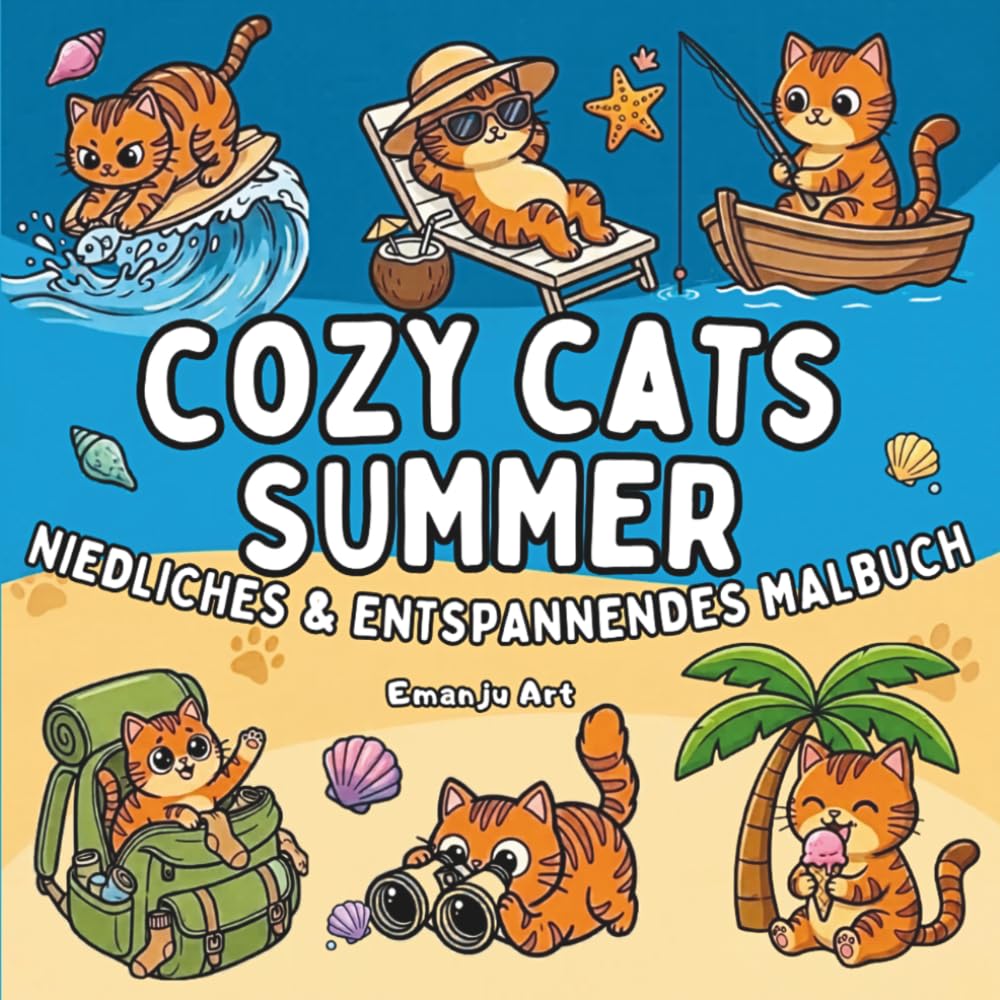 Cozy Cats SUMMER Niedliches und Enspannendes Malbuch: 50 Humorvolle Katzen und Hunde Ausmalbilder für Jugendliche und Erwachsene – Dicke Linien, ... freche Samtpfoten für kreative Entspannung