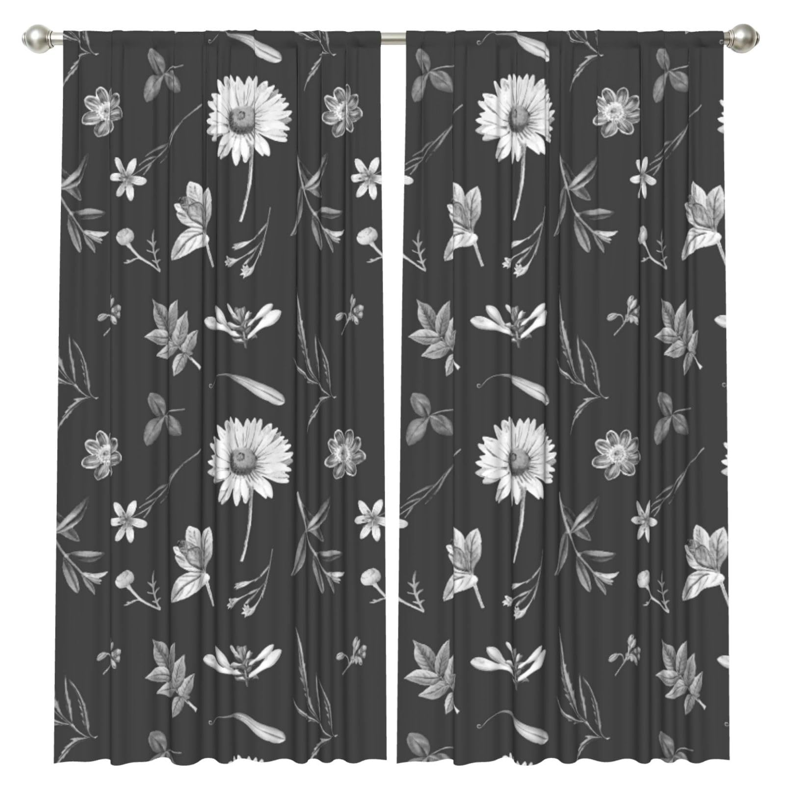 InOmak Black Flower Wallpaper Design, 2 Panels Window Curtains 52 x 84 Inch Blackout Curtains for Living Room Bedroom