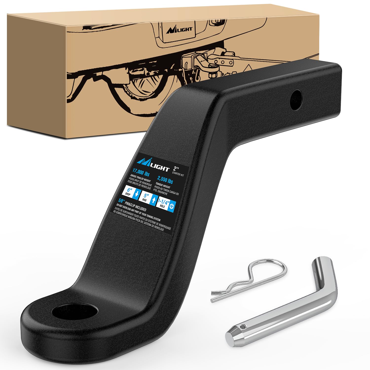 Nilight Forged Trailer Hitch Mount Fits 2" Receiver | Square 5/8" Hitch Pin Clip 17000 lbs 6" Drop, 1-1/4” Hole, Gloss Black Powder Coat