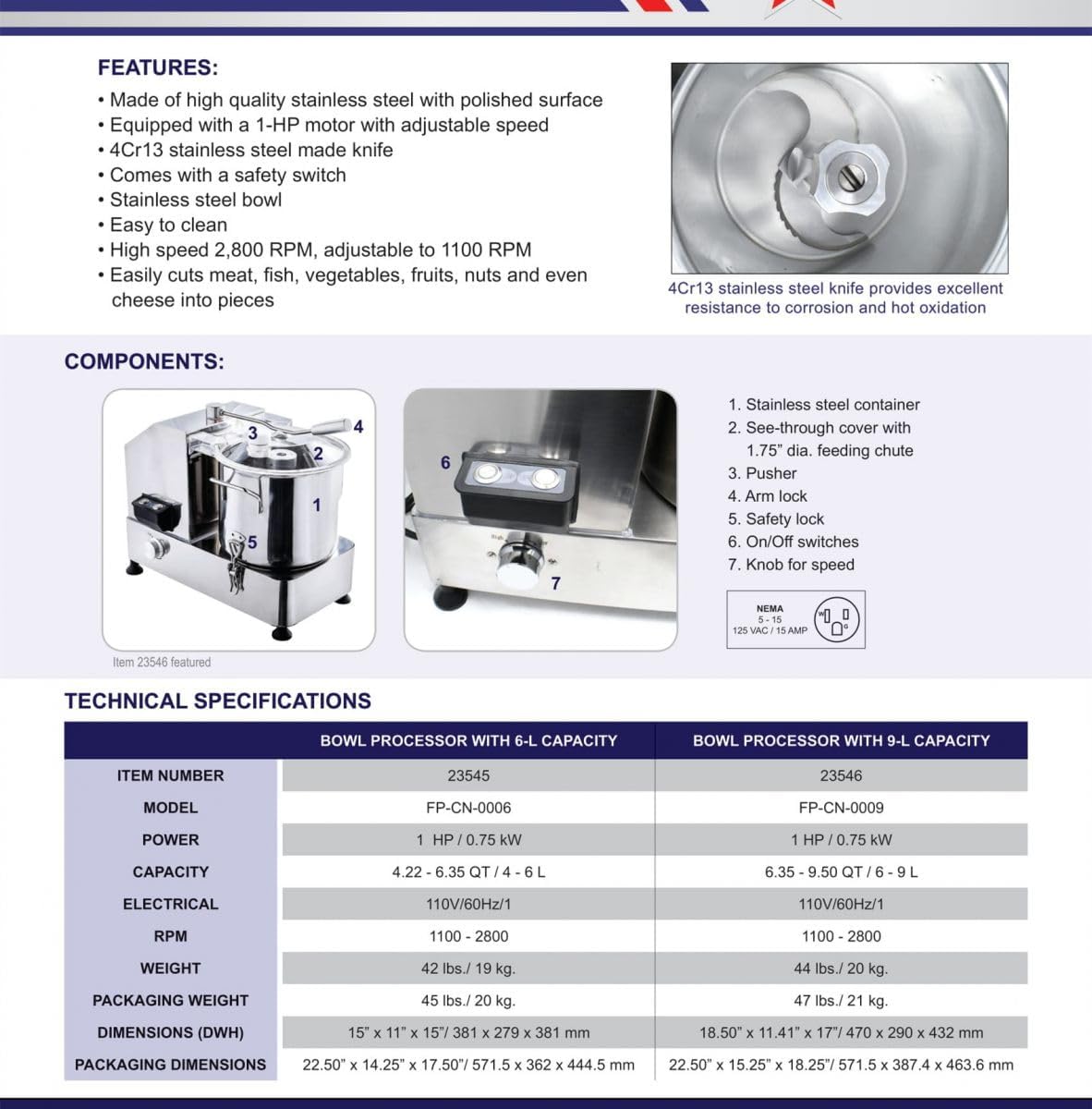 Commercial Food Processor, 9L/9.5Qt Capacity, 1800W, Stainless Steel Bowl with Variable Speed HR-9 ETL
