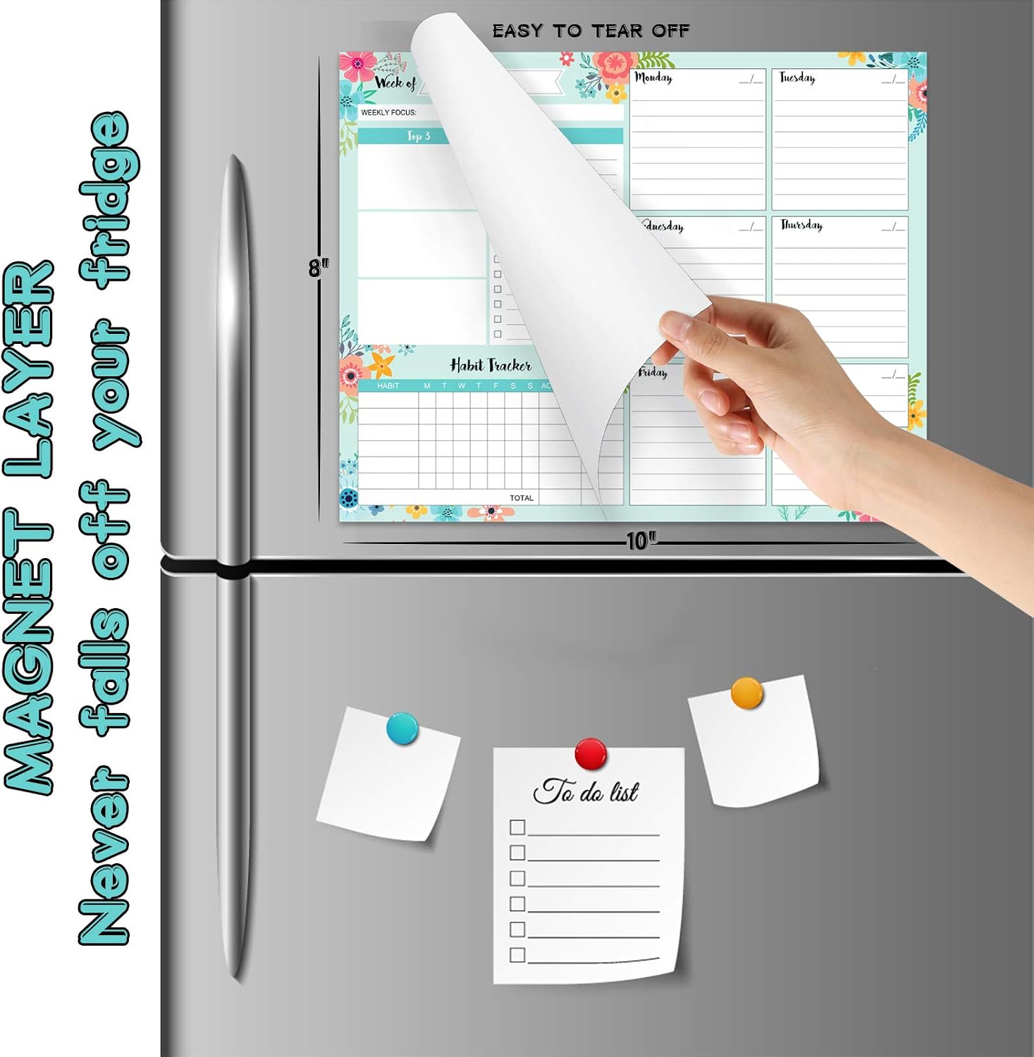 Weekly Planners Pad - to Do List Pad with 53 Sheets, 10" x 8", Desk Planner & Weekly Planner with Habit Tracker, Fridge Calendar - Mint Green Floral