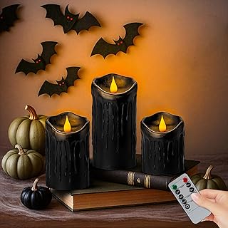 Lebaley 3PCS Halloween Black Flameless Candles with Timer - Wax Drip Black LED Candles，Battery Operated Flameless Pillar Candles with 3D Wick，Halloween Candle for Home Indoor Decor