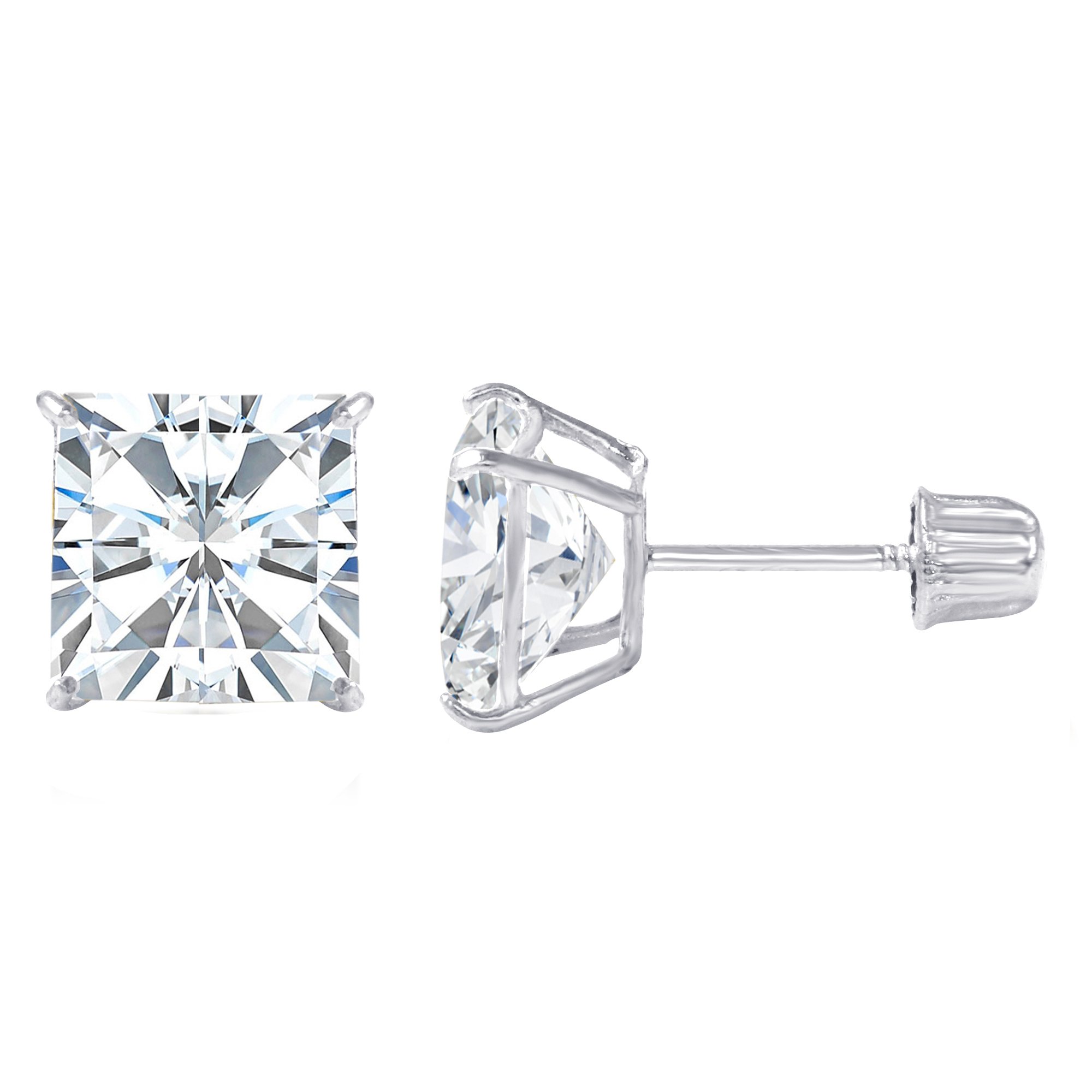 IOKA 14K Solid Gold Princess Cut Cubic Zirconia Stud Earrings with Secure Screw Backs | AAA CZ Square Solitaire Sparkle for Men &amp; Women | Yellow or White Gold (2mm-7mm, 0.1-1.75ct)