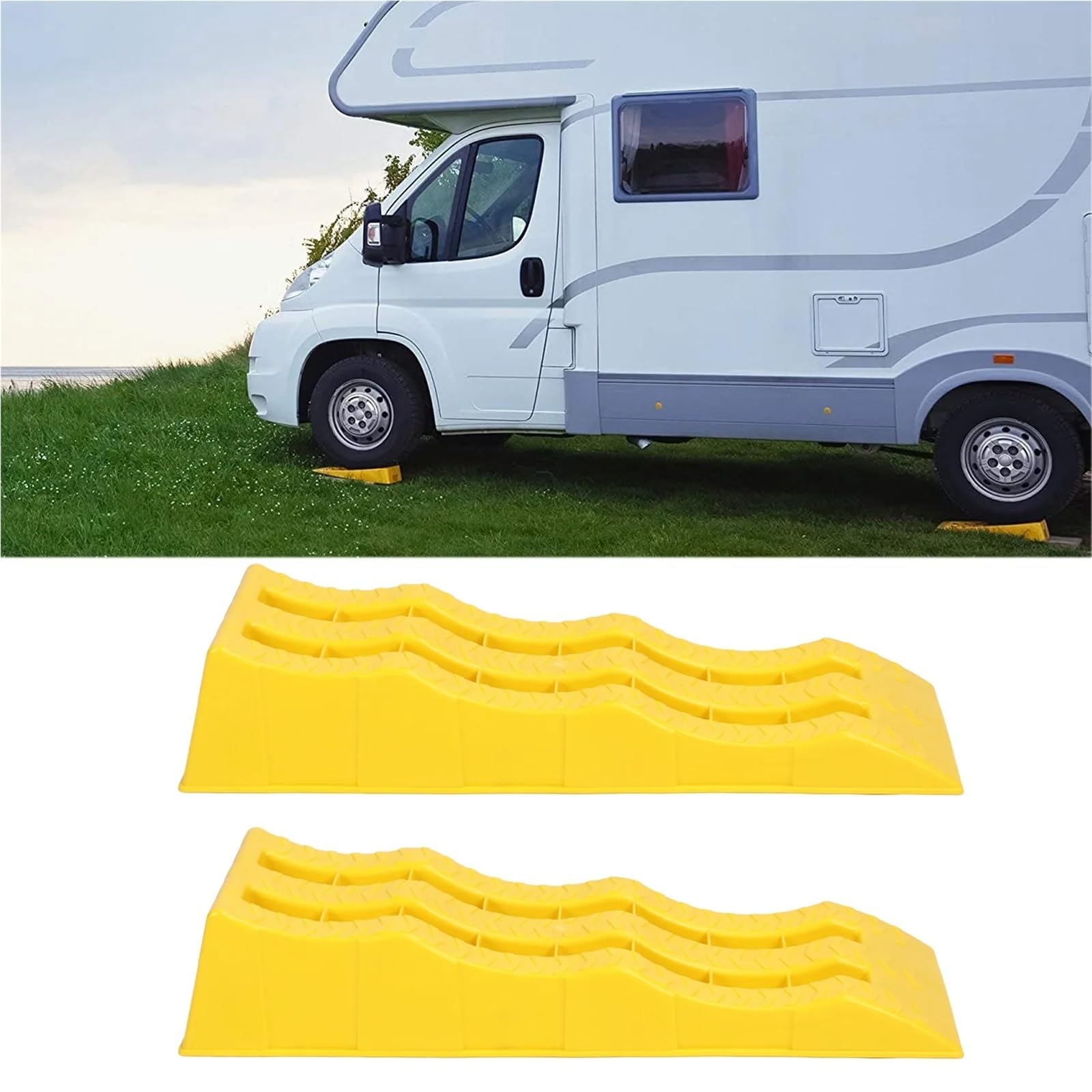 Auffahrkeile für Wohnmobil RV-Nivellierblöcke, 1 Paar RV-Nivellierrampen, 3-stufige gelbe Anhänger-Unterlegkeile zur Stabilisierung von unebenem Boden und for Parken