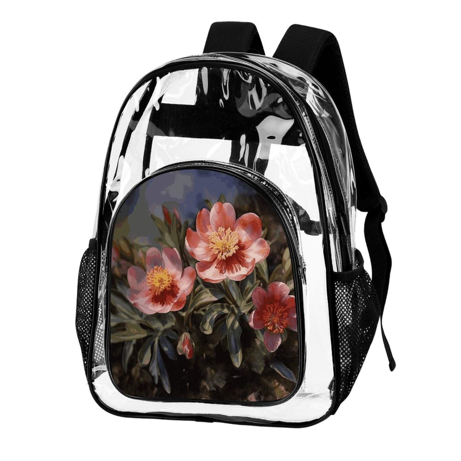 Transparenter Rucksack mit Frühlingsblumen, groß, transparent, PVC, Büchertasche für Sicherheit, Arbeit, Reisen, Stadion