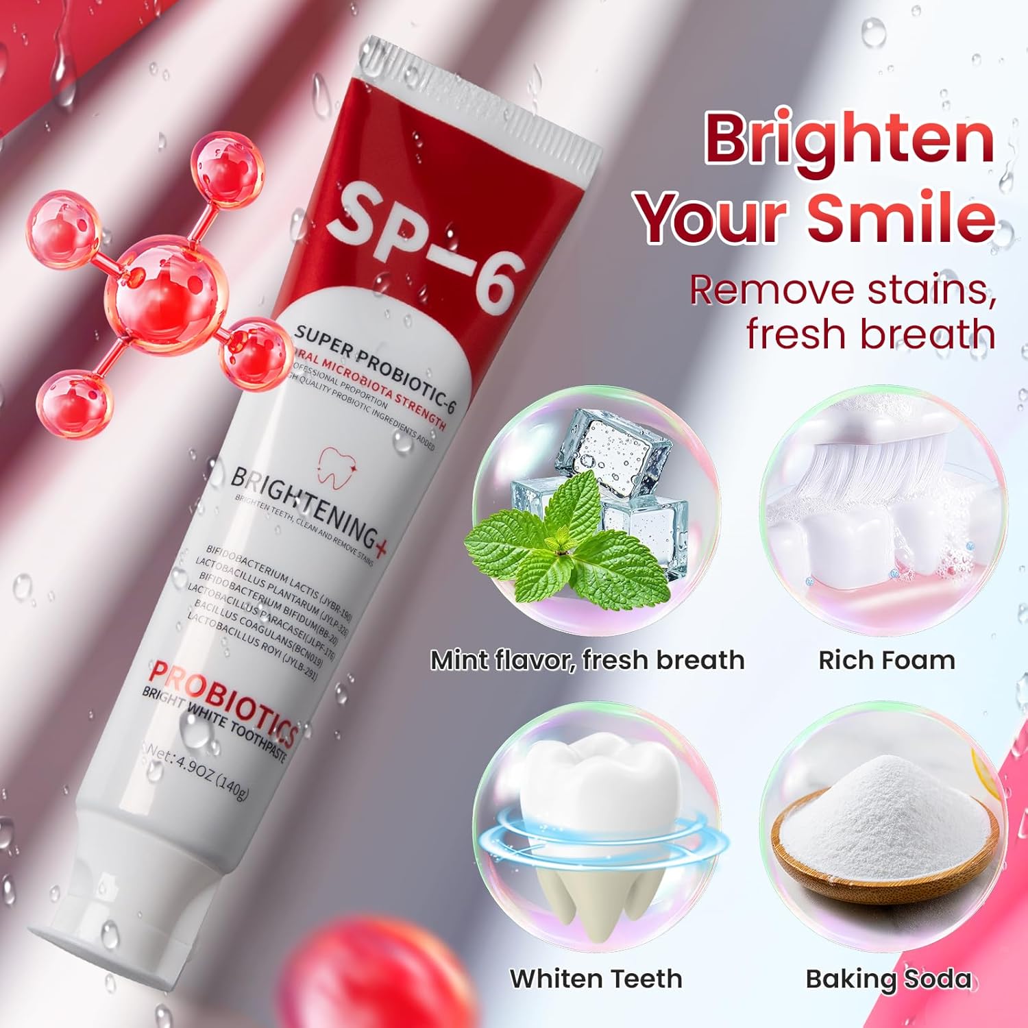 SP-6 Probiotic Whitening Toothpaste, SP-6 Probiotic Toothpaste, Enhanced Formula with 6 Probiotics for Teeth Whitening/Brightening, Enamel-Safe, Fluoride-Free, Fresh Mint Flavor, 4.9oz, 2Pack - Image 4