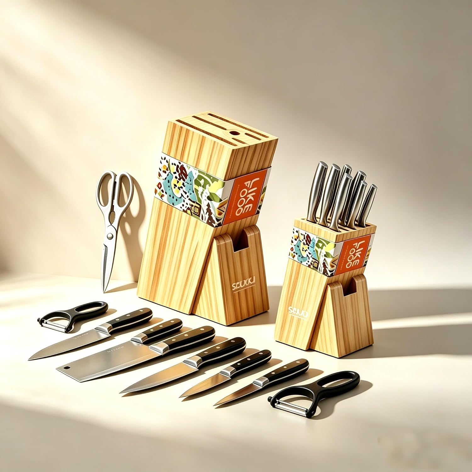SZLXKJ wooden knife holder, multi-slot design to widen the knife kitchen knife holder, natural solid wood countertop cutlery holder, easy to clean, space-saving kitchen storage rack