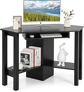 COSTWAY Corner Computer Desk, Triangle Study Desk Writing Workstation with Keyboard Tray and 2 Open Storage Shelves, Space Saving Wooden Gaming Laptop Table for Home Office Bedroom (Black)
