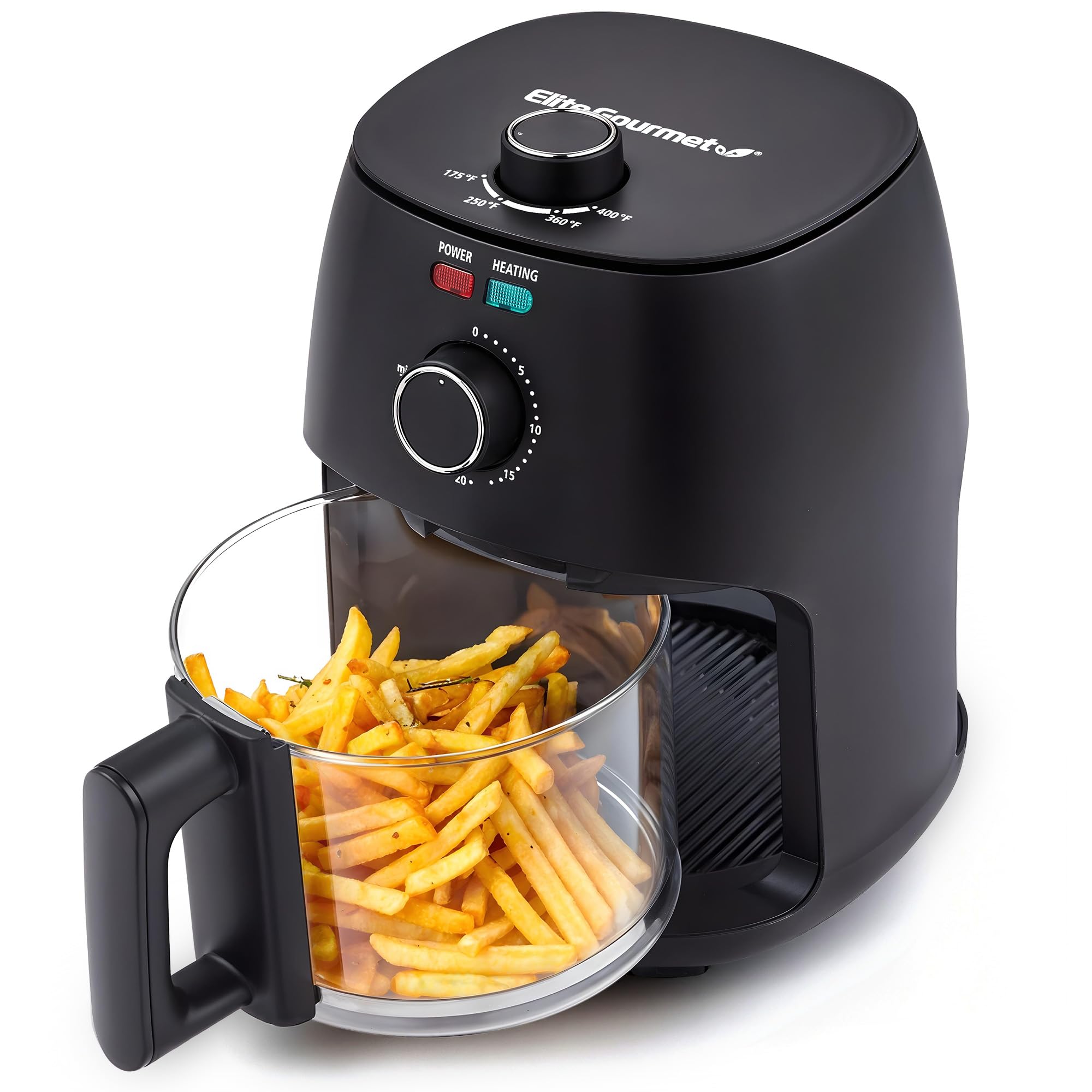 Elite Gourmet 2.4 quart glass air fryer compact black