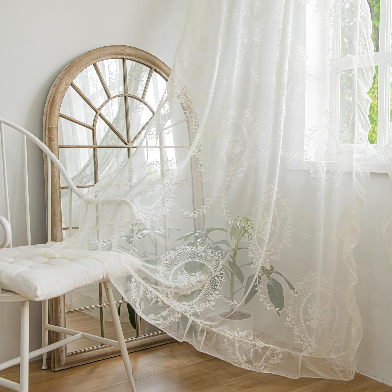 Lavyhuno Ivory Lace Curtains 84 Inches Long for Bedroom Living Room, Sheer Victorian Florals Embroidery Scalloped Edges, Window Treatments Farmhouse Country Pair Decor Rod Pocket, W57 x L84 — image 1