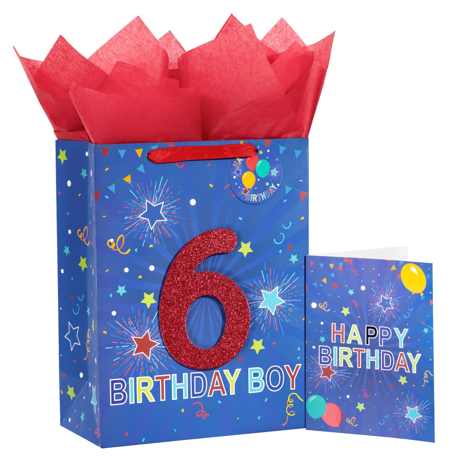 Loveinside Birthday Blue Gift Bag with Tissue Paper, Gifts Tag and Greeting Card for 6th Boys, Kids, Party and More, 10" x 5" x 13", 1 Pcs, 6 Years