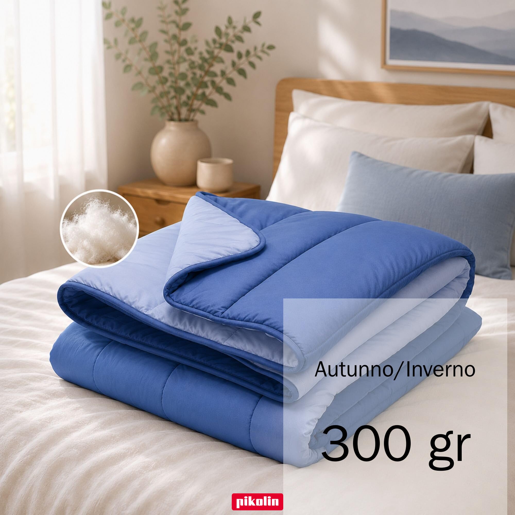 PIKOLIN Piumino Singolo Autunno Inverno 150 x 220 cm Effetto Piuma 300 gr - Piumone Caldo, Morbido, Traspirante e Reversibile - Bicolore Blu