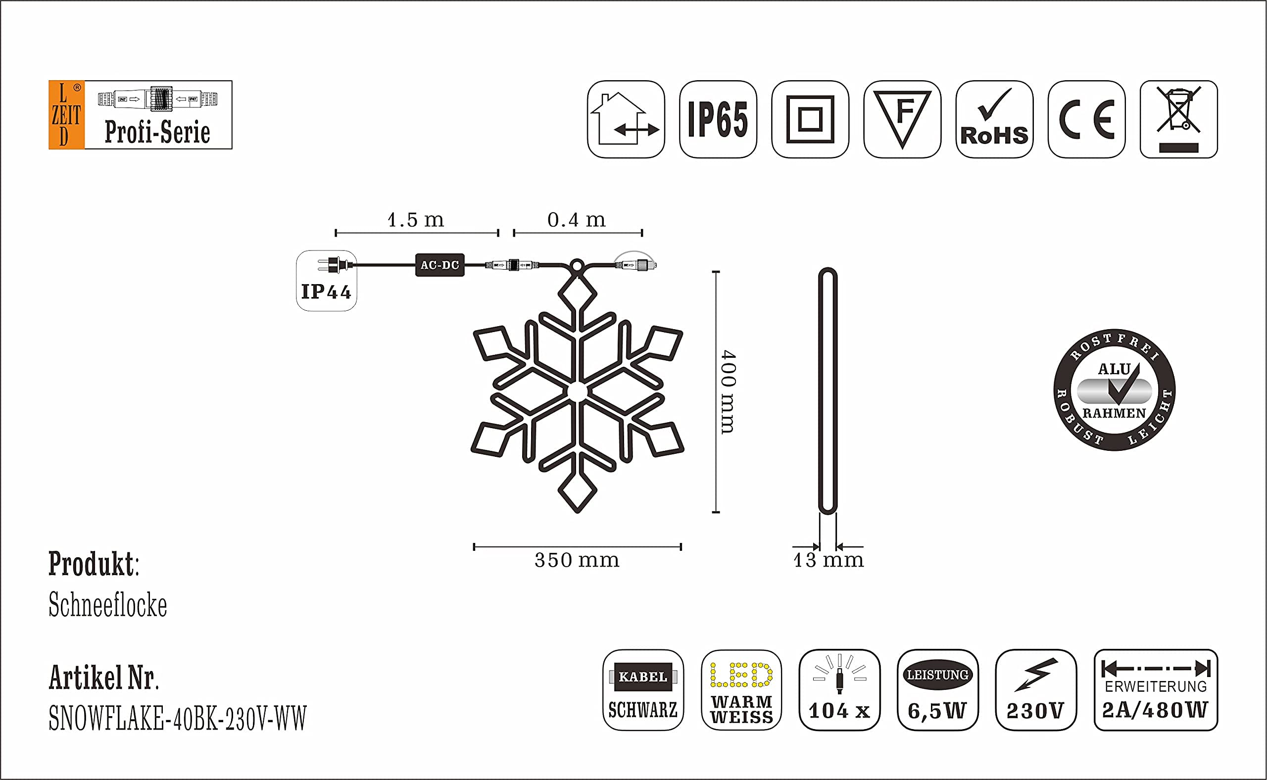 Profi Serie - LED Schneeflocke, Weihnachtsbeleuchtung außen figuren, Warmweiß, 40 * 35cm, IP65, 230V, mit Netzkabel, Rostfrei Alu-Rahmen, Erweiterbar, Fenster, Dach, Balkon, Garten, Deko
