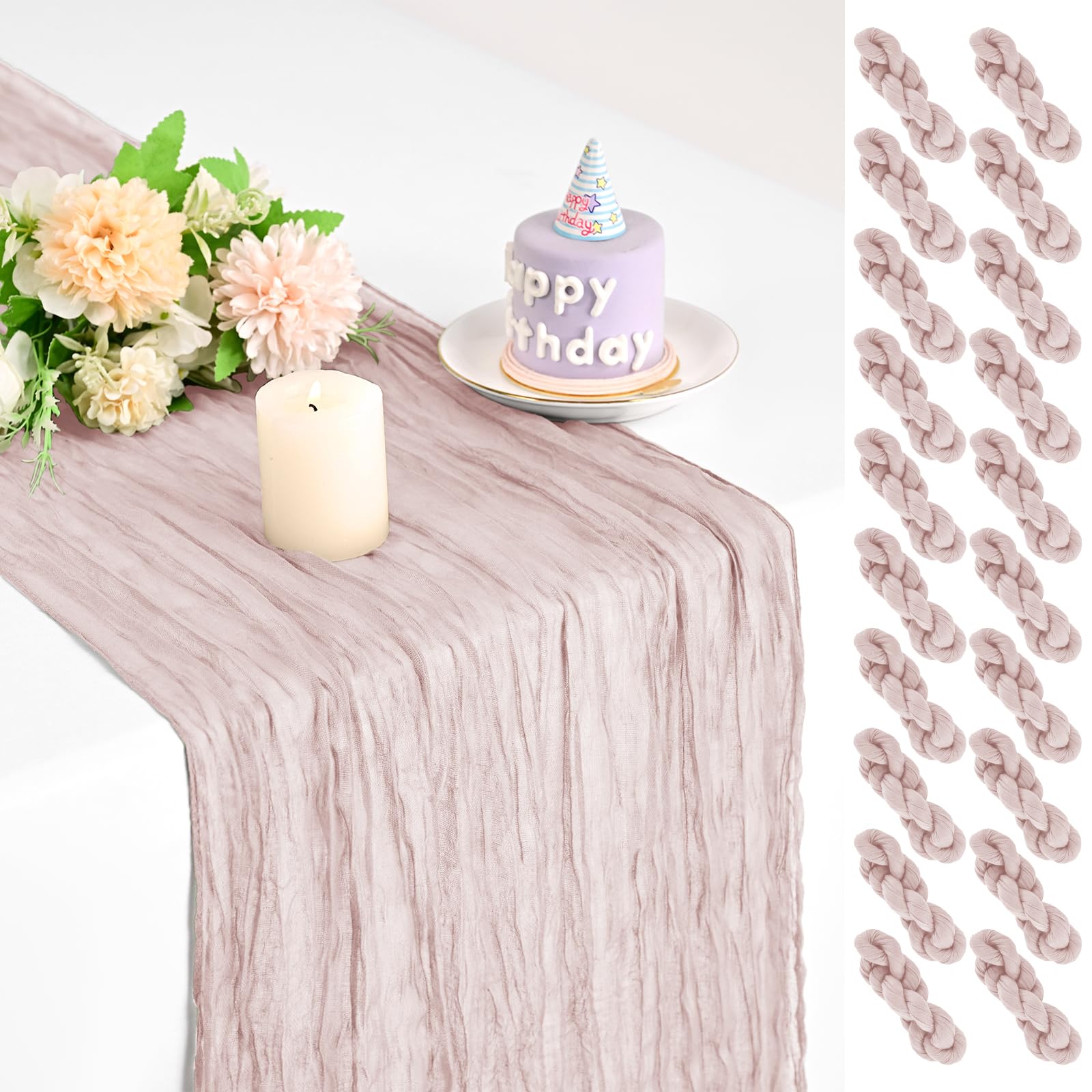 Teruntrue 20 Pack Pink Cheesecloth Table Runner 17x108 Inch, Boho Gauze Sheer Fabric Cheese Cloth Table Runners for Wedding Party Bridal Shower Birthday Home Decor Garden Farmhouse