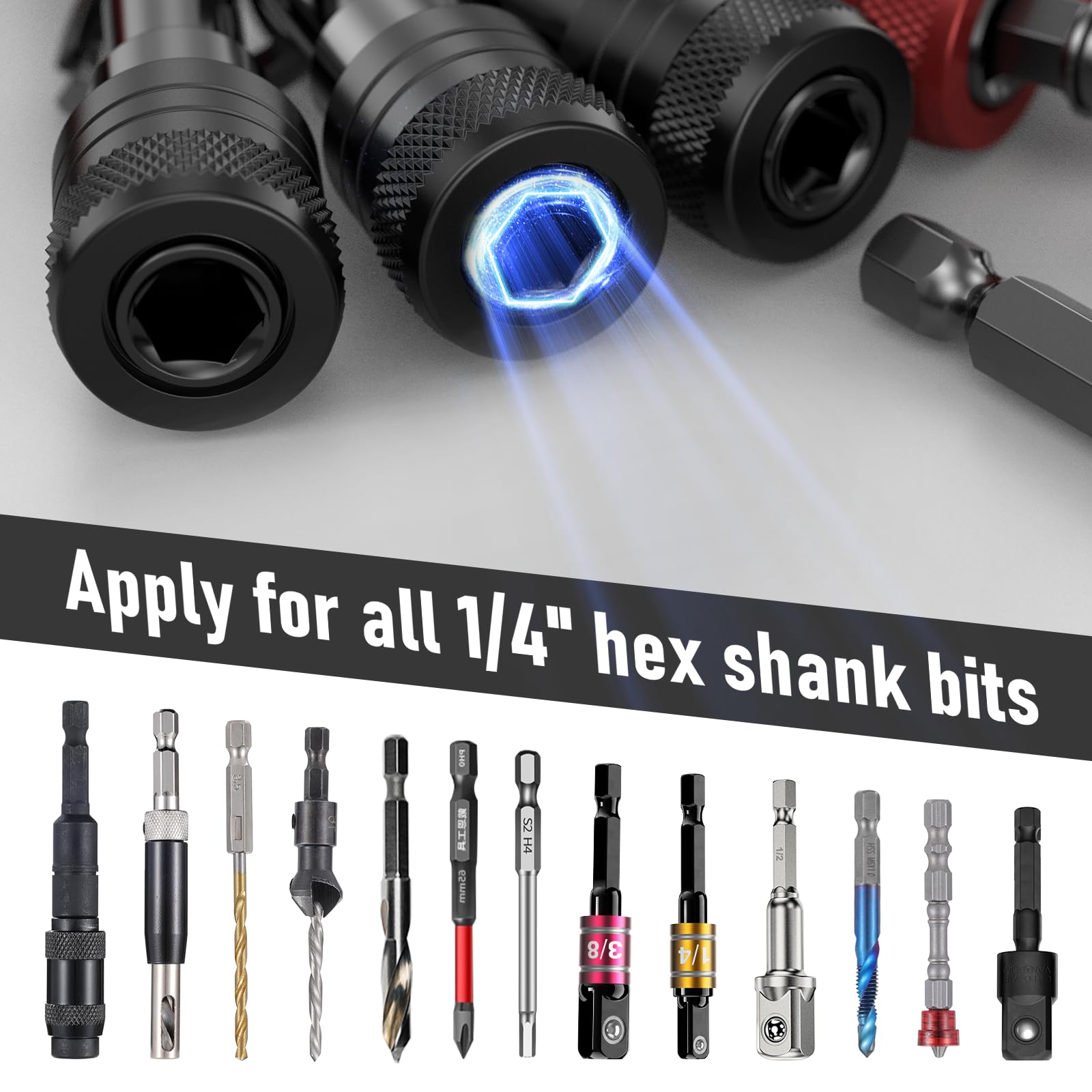Drill Bit Holder Keychain 6pc, 1/4 Hex Quick Release Drill Extension Bit Holder Tools with Handly Carabiner - Image 2