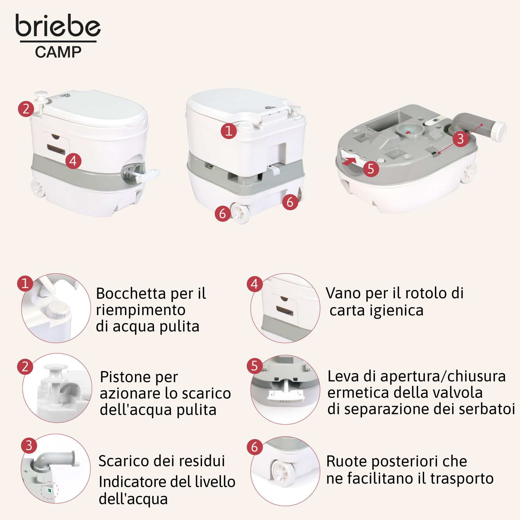 briebe Camp WC Portatile 24L Bagno Chimico, Campeggio, Camper, Roulotte, Barca e Outdoor, Serbatoio di Scarico dell'Acqua con Pompa a Pistone 20L, Potty