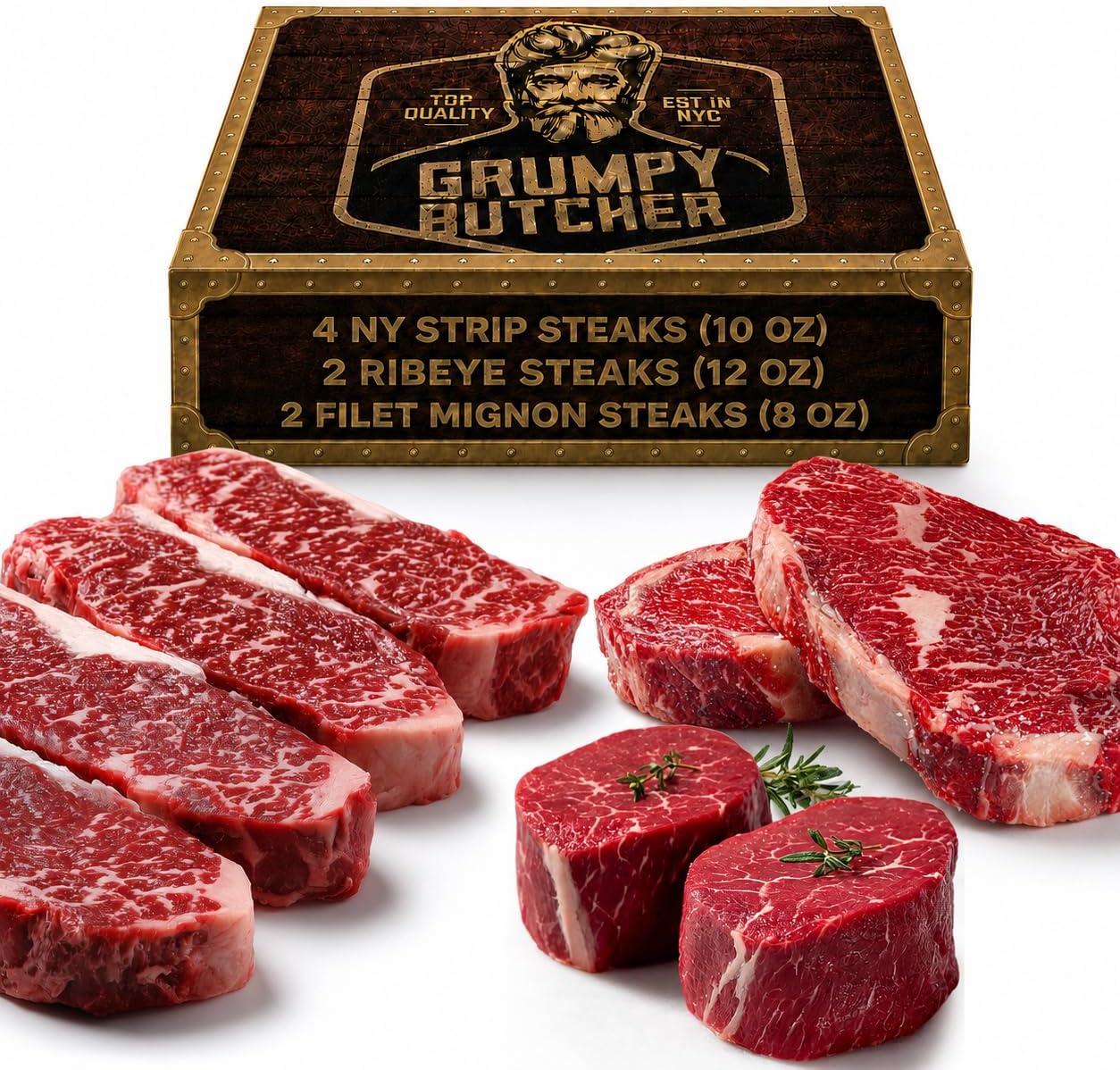 Grumpy Butcher 8 Steak Premium Set - 4 NY Strips, 2 Filet Mignons & 2 Ribeye Steaks - USDA Prime or Upper Third Angus Choice - With Meat Gifts Packaging Option