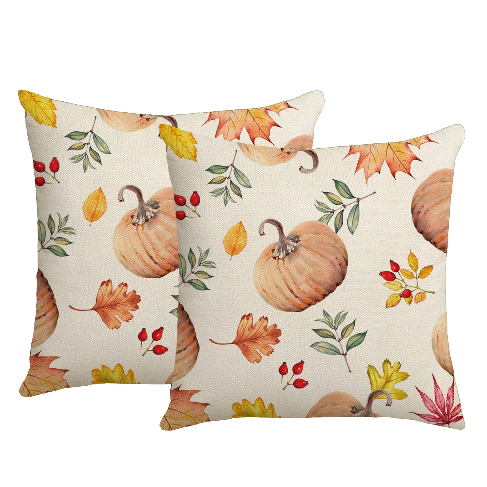 KLUSIET Fall Pillow Covers 18x18 Inch Set of 2, Pumpkin Maple Leaves Decorations Throw Pillow Covers, Throw Cushion Cover for Autumn Thanksgiving Farmhouse Sofa Decor(2pcs,D)