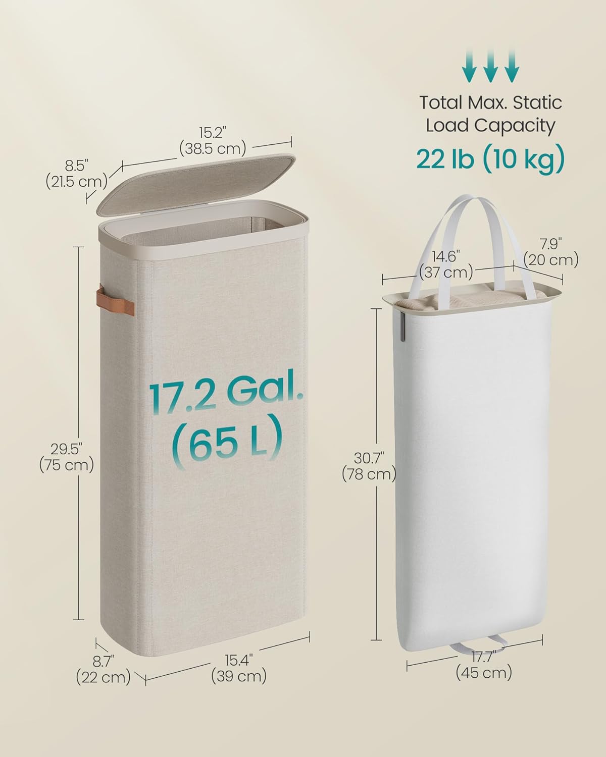 SONGMICS Laundry Basket, 17.2 Gal. Laundry Hamper, Easy Assembly, with Lid and Handles, Removable Liner, 15.4 x 8.7 x 29.5 Inches, Cappuccino Beige ULCB810LH01