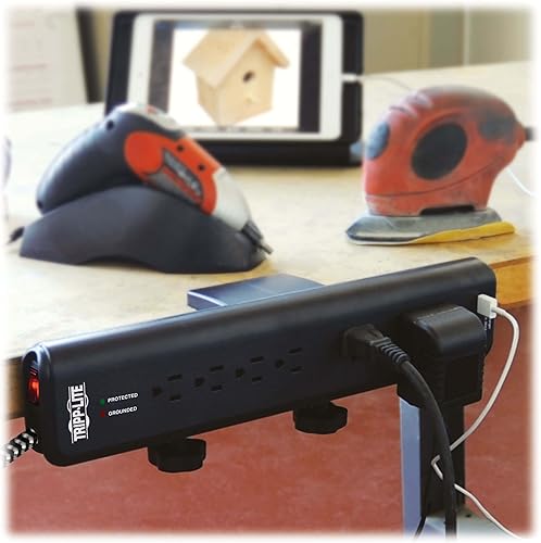 Miniatura 4 de Tripp Lite Protector de sobretensiones con abrazadera de escritorio, 6 salidas y 2 USB, resistente a las microbrías, cable trenzado de 8 pies, 2100