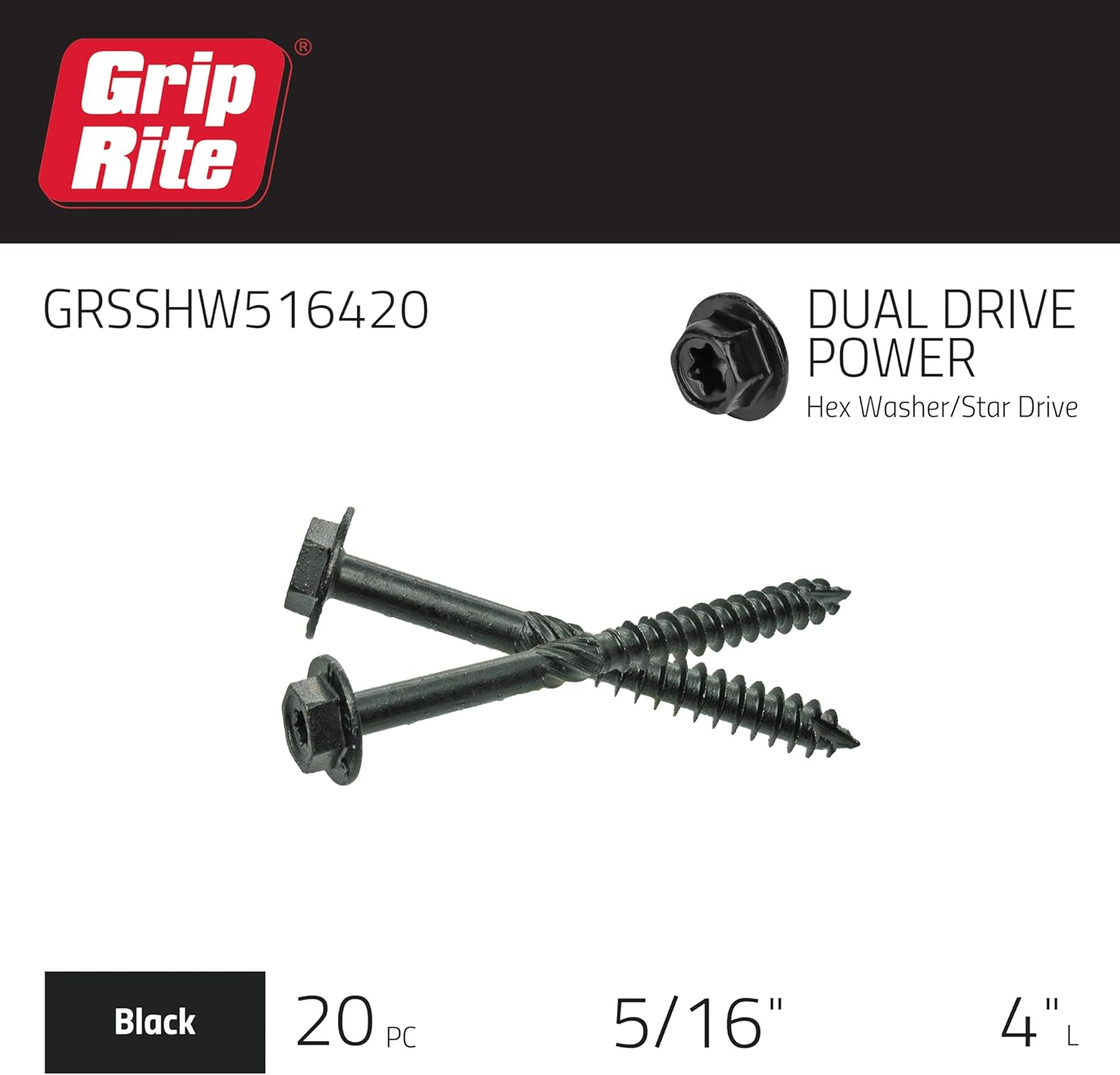Grip-Rite Structural Screws for Exterior Structural Applications - with PrimeGuard Plus Coating - Coarse Thread Wood Screws - Hex Washer Head - 5/16" x 4" - 20 Count - GRSSHW516420