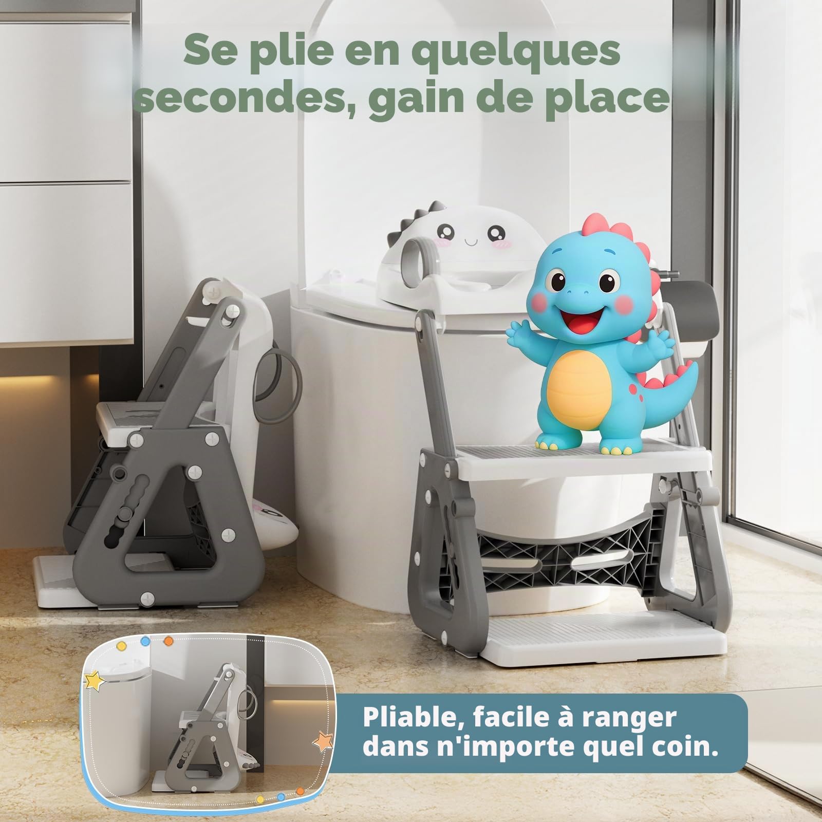 Reducteur Toilette Enfant, 2 en 1 Rehausseur Toilette Enfant avec Marche Réducteurs de Toilettes avec Structures Triangulaires, Propreté Apprentissage Adaptateur Abattant WC Pédale Allongée et Coussin
