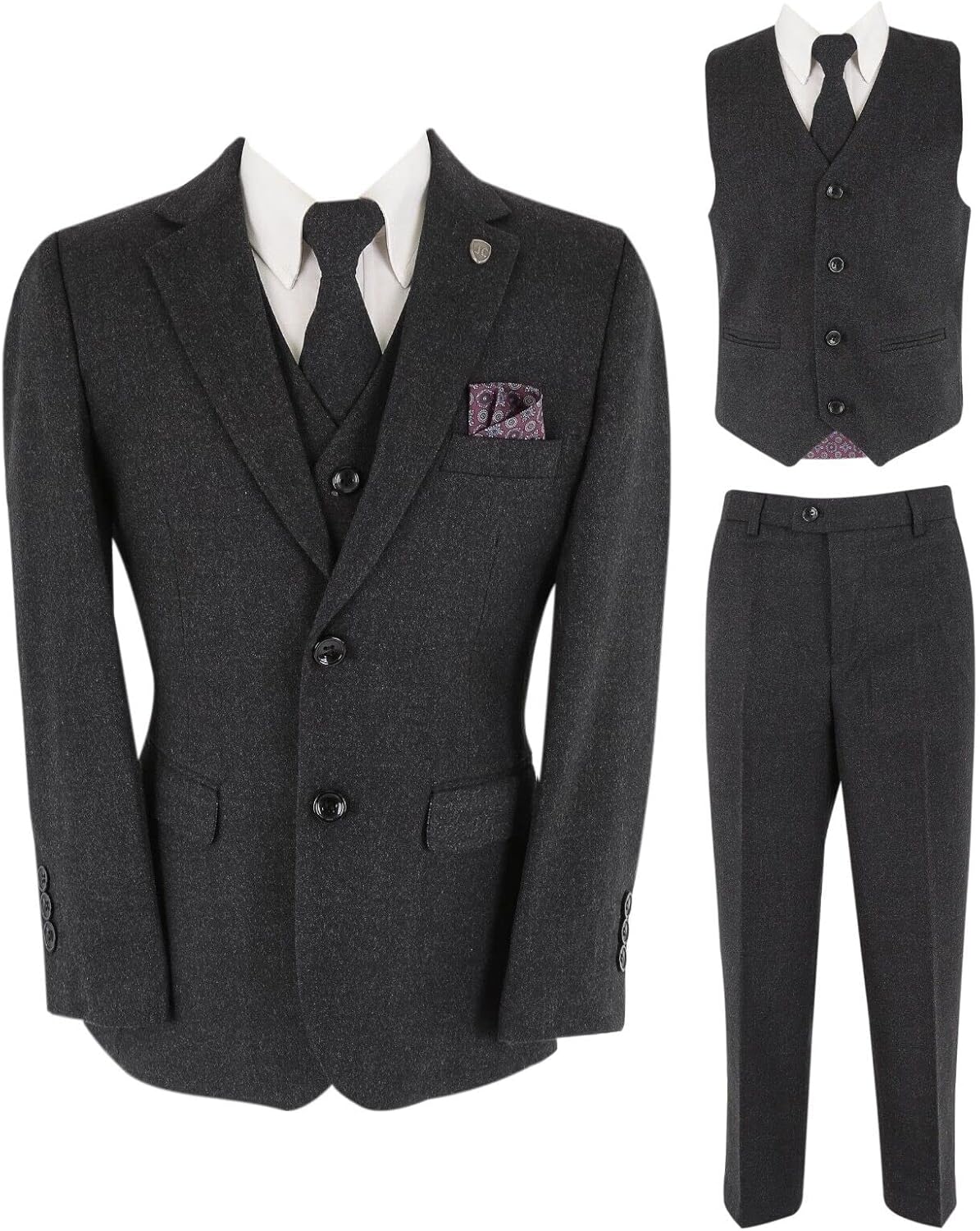 Boys Tweed Husky Sizes Suit Dark Gray Tailored Fit Formal Wedding Pageboy 5 Piece Funeral Set