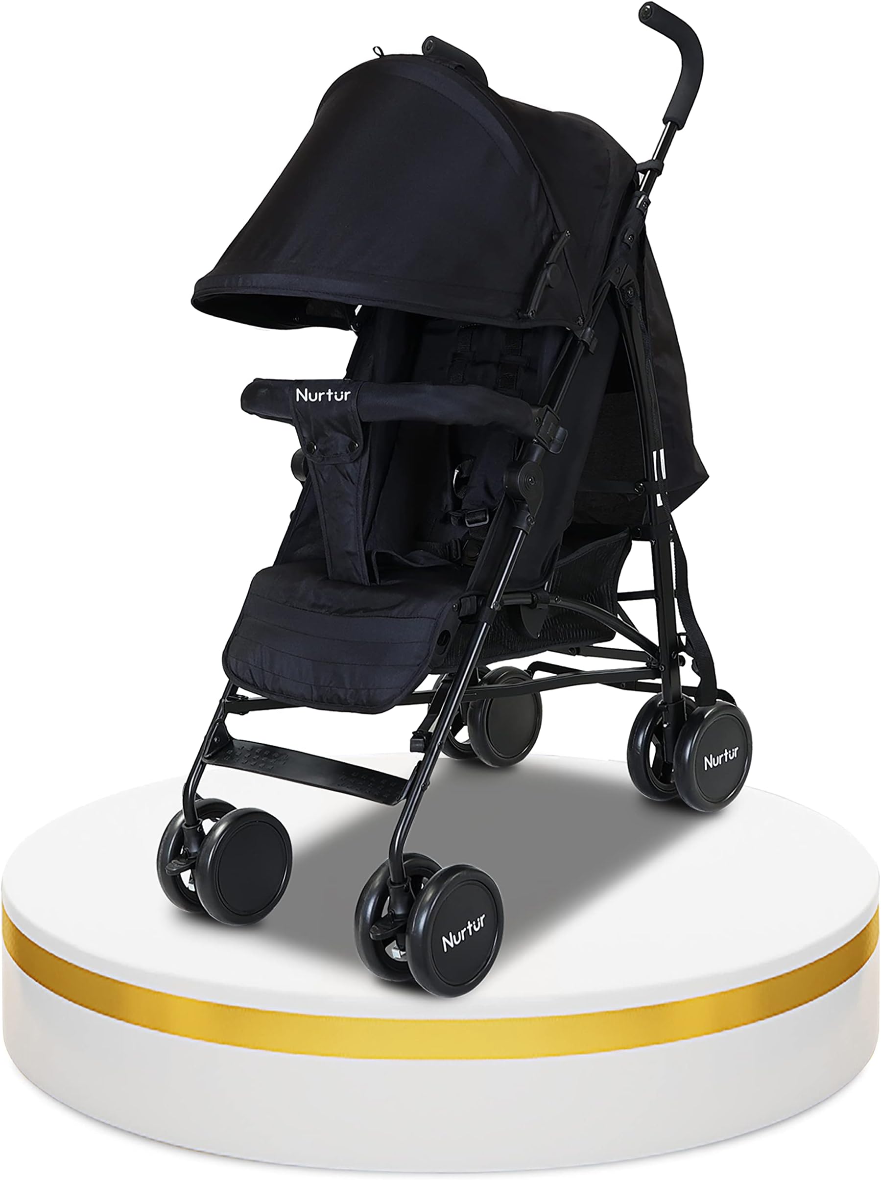 Nurtur Archer Baby/Kids Lightweight Travel Stroller 0 36 Months, Storage Basket, Detachable Bumper, 5 Point Safety Harness, Compact Design, Black