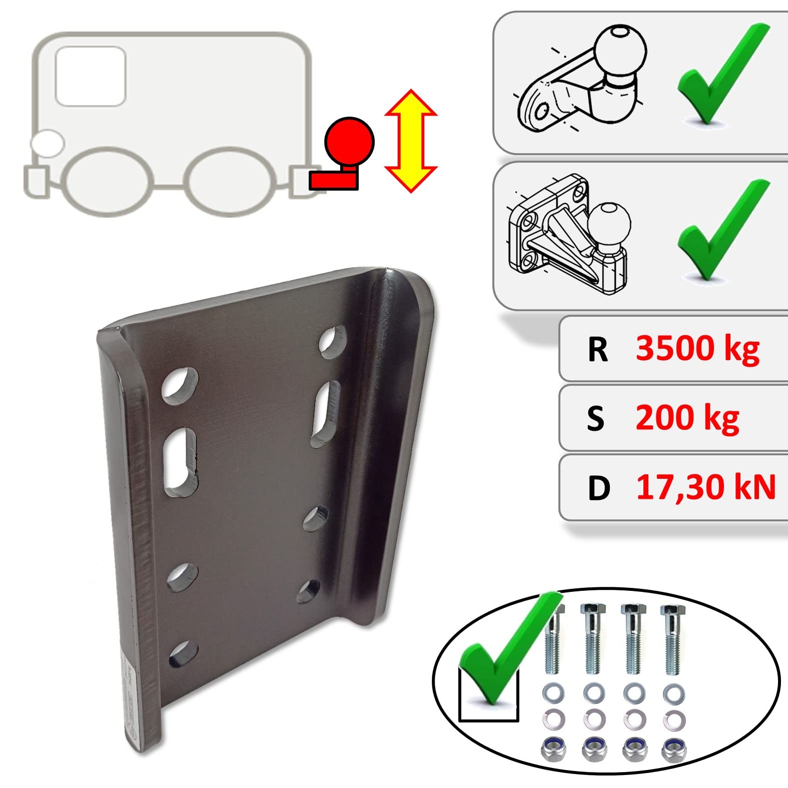 XIMPLIO Plaque d'adaptation universelle pour hauteur de boule avec ABE pour attelage de remorque, plaque de fixation AHK 2 trous 90 mm/4 trous 83 x 56 mm (avec vis 4 x M10)