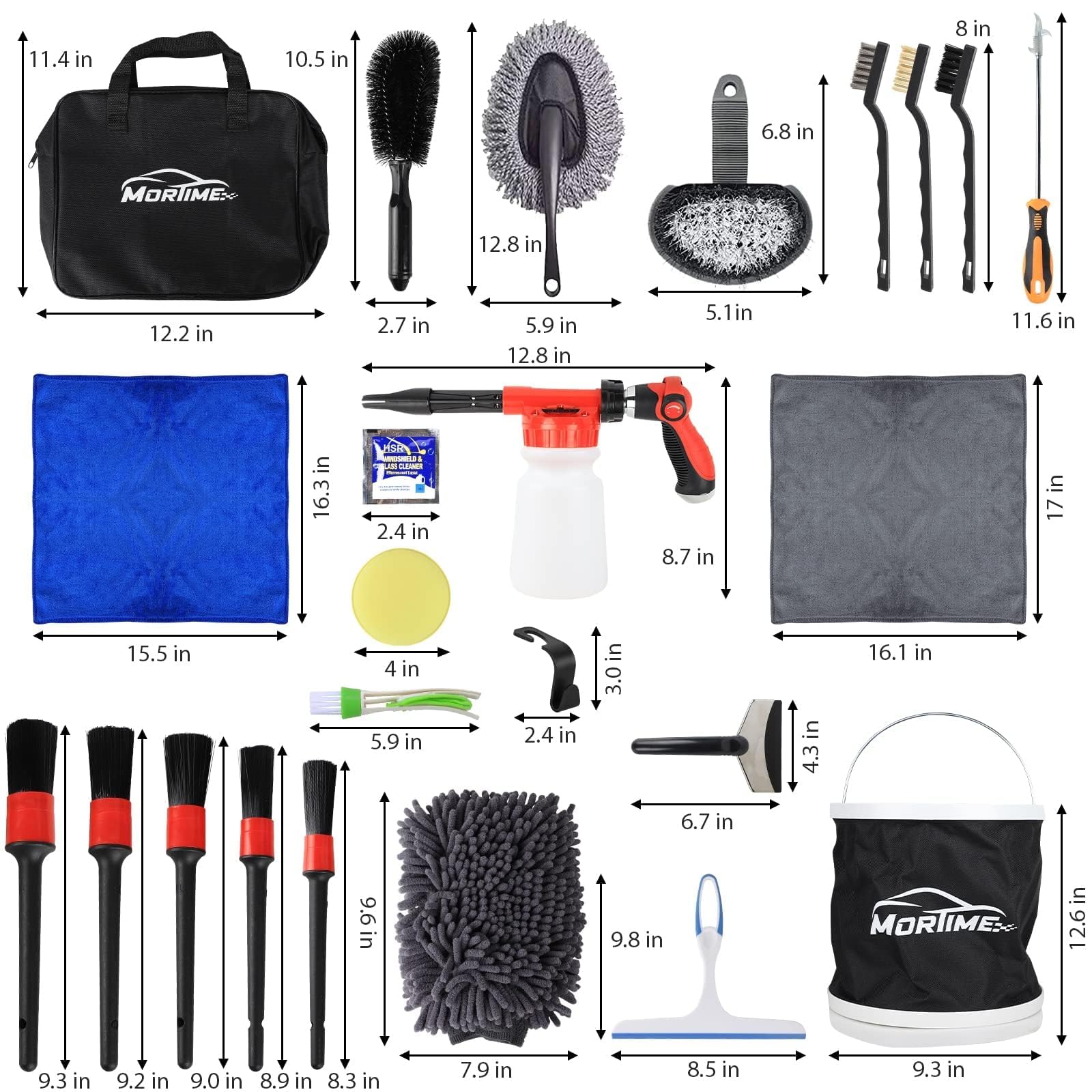MorTime 54Pcs Car Wash Kit with Foam Gun, Wash Mitt Sponge Towels Long Pole Window Water Scraper Tire Brush Detailing Brushes Car Cleaning Kit
